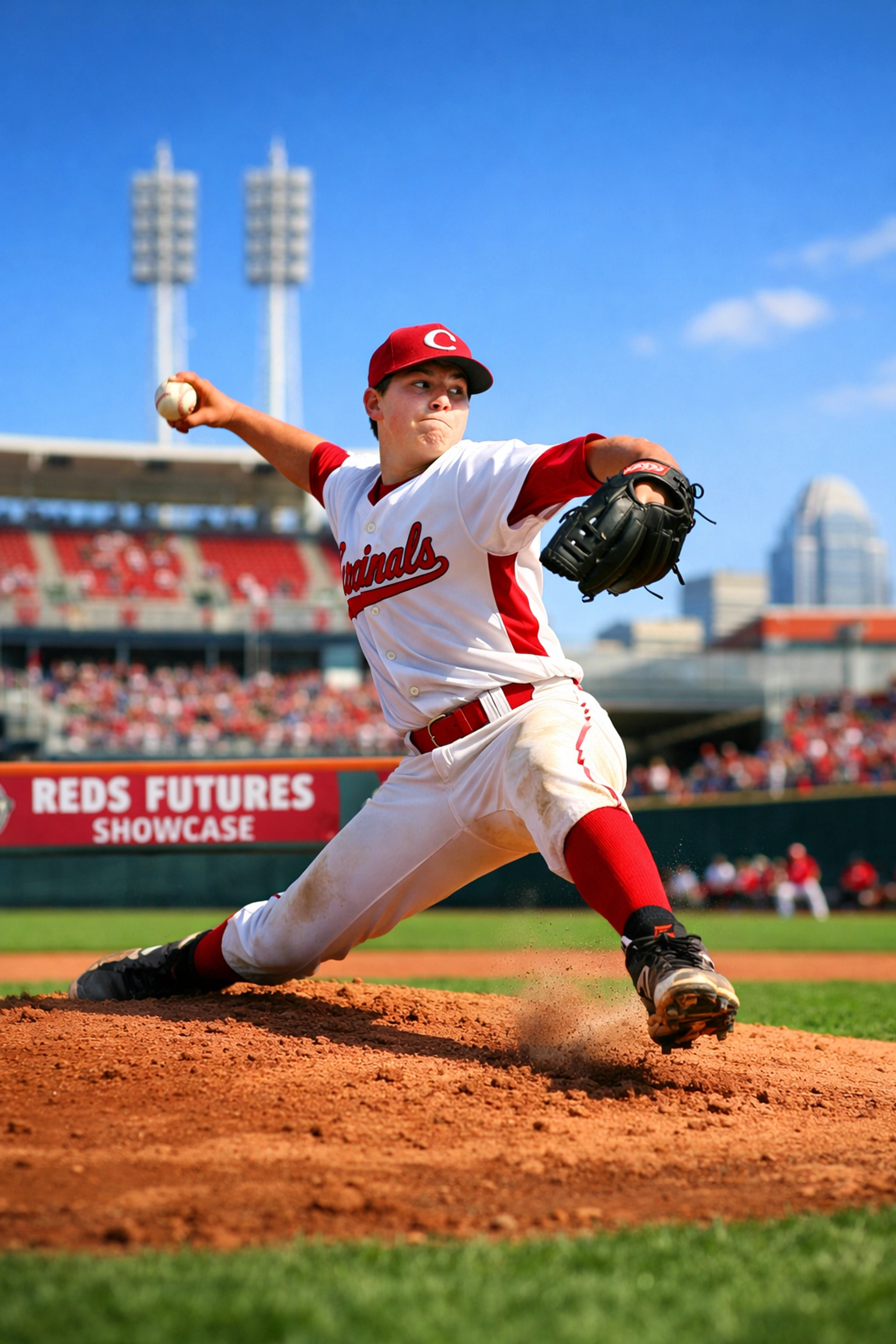 High school pitcher competing at the Reds Futures Showcase in Cincinnati, Ohio.