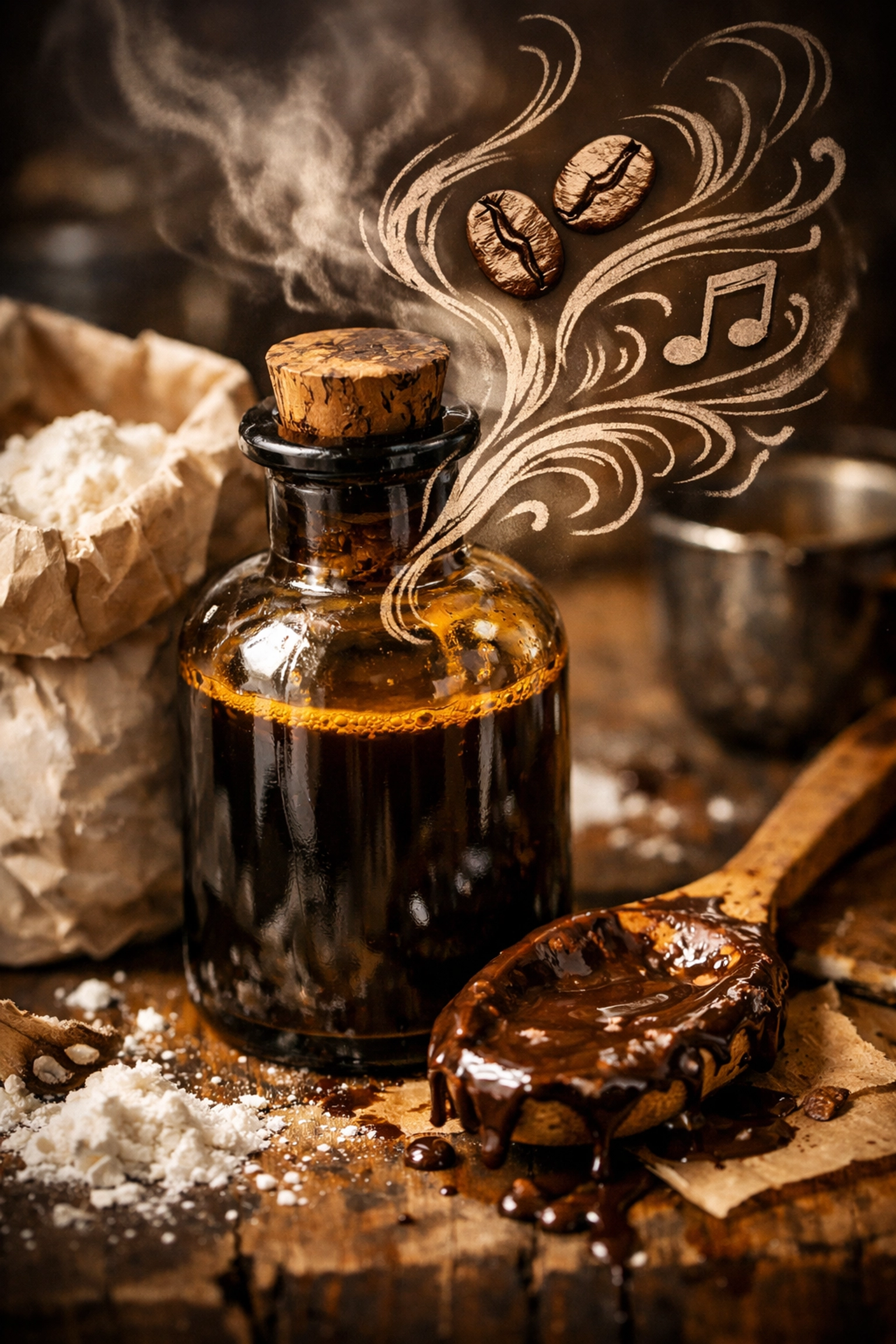 Dark coffee concentrate liquid for baking decadent whole bean coffee recipes and chocolate desserts.