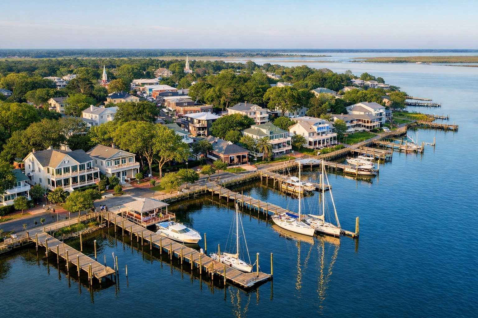 Southport NC waterfront showing historic downtown and coastal custom home locations