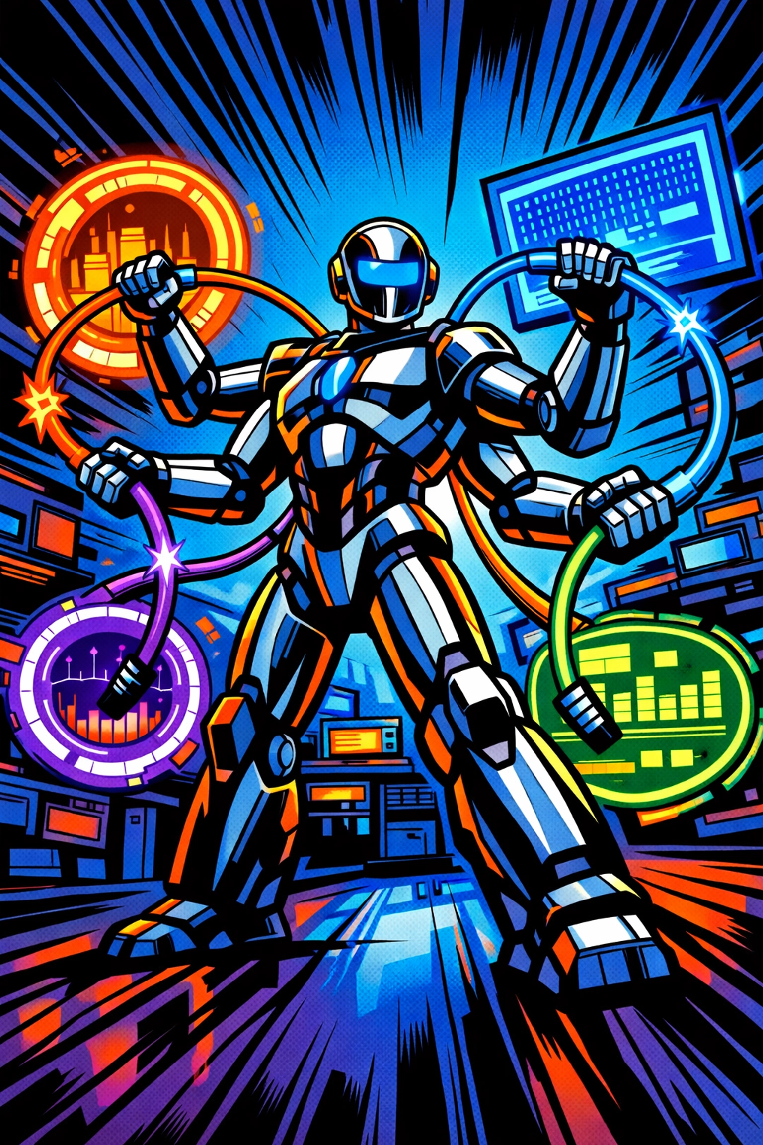 A futuristic robot connecting digital portals to sync data using AI business automation tools.