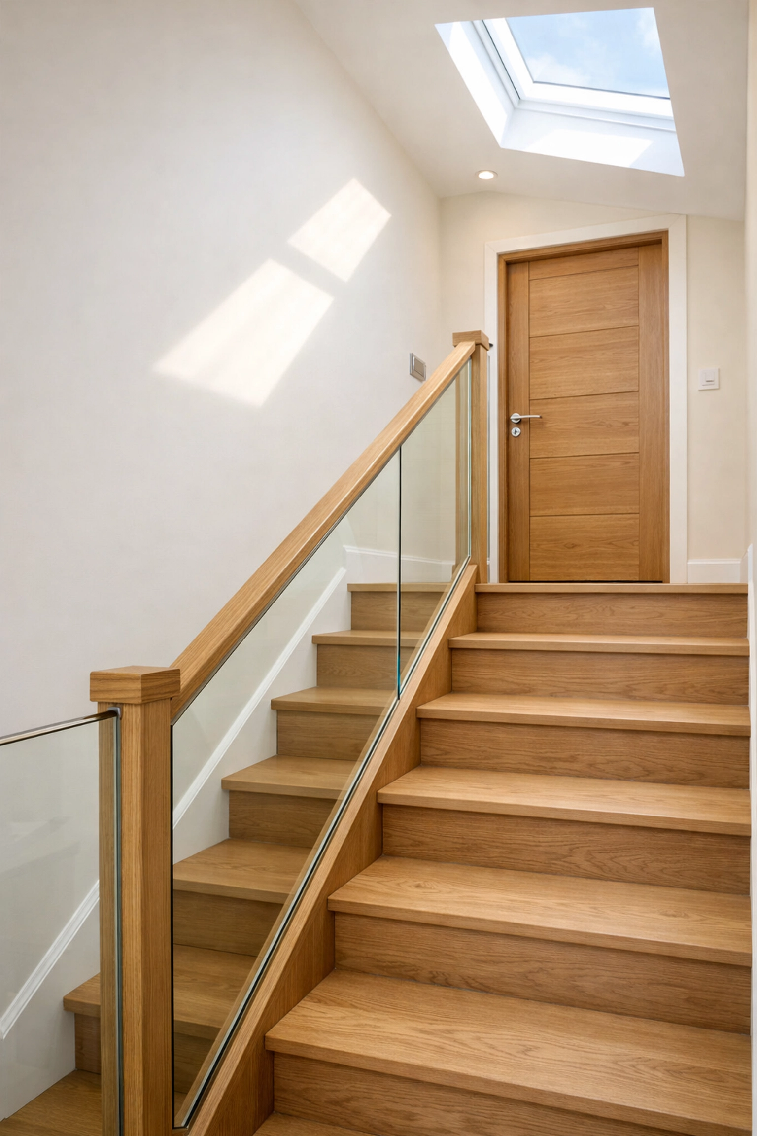 Modern oak staircase and fire door providing a protected escape route in a Bournemouth loft conversion.