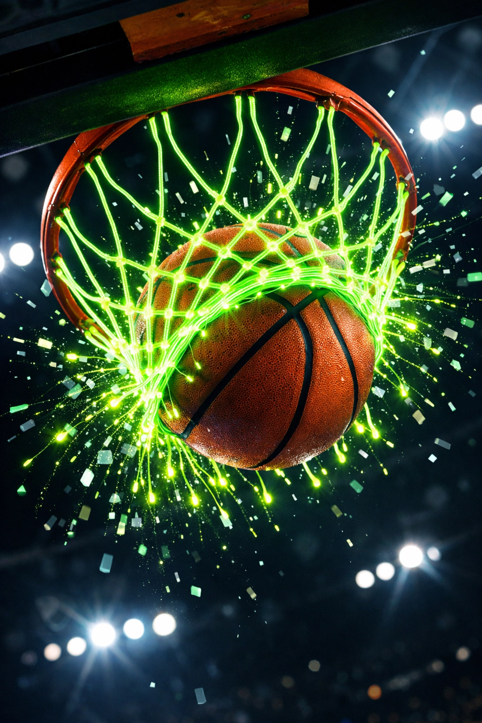 Basketball passing through a glowing net signifying a successful NBA betting prediction and calculated win.