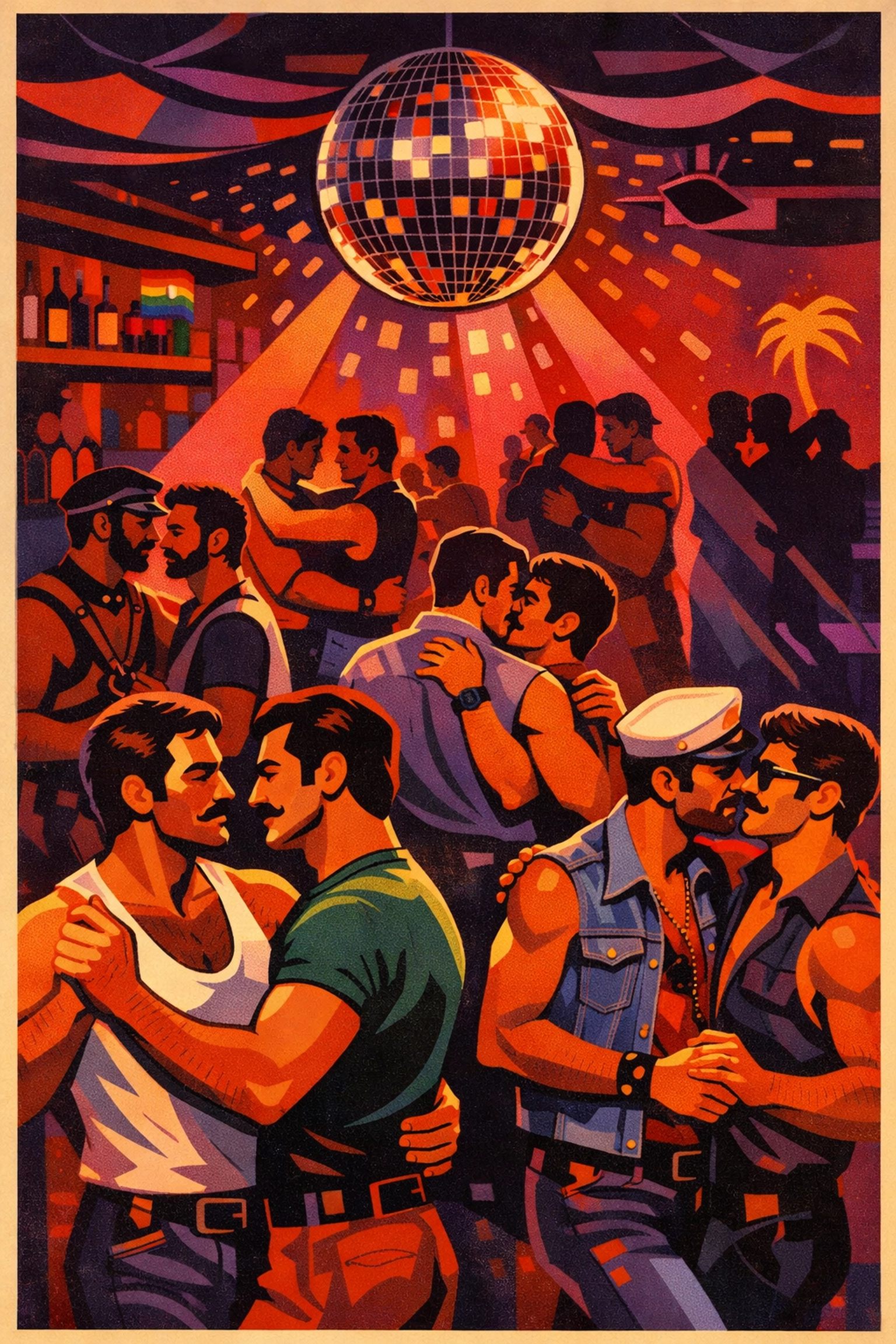 Interior of 1970s gay cruise bar showing men dancing and connecting in safe community space