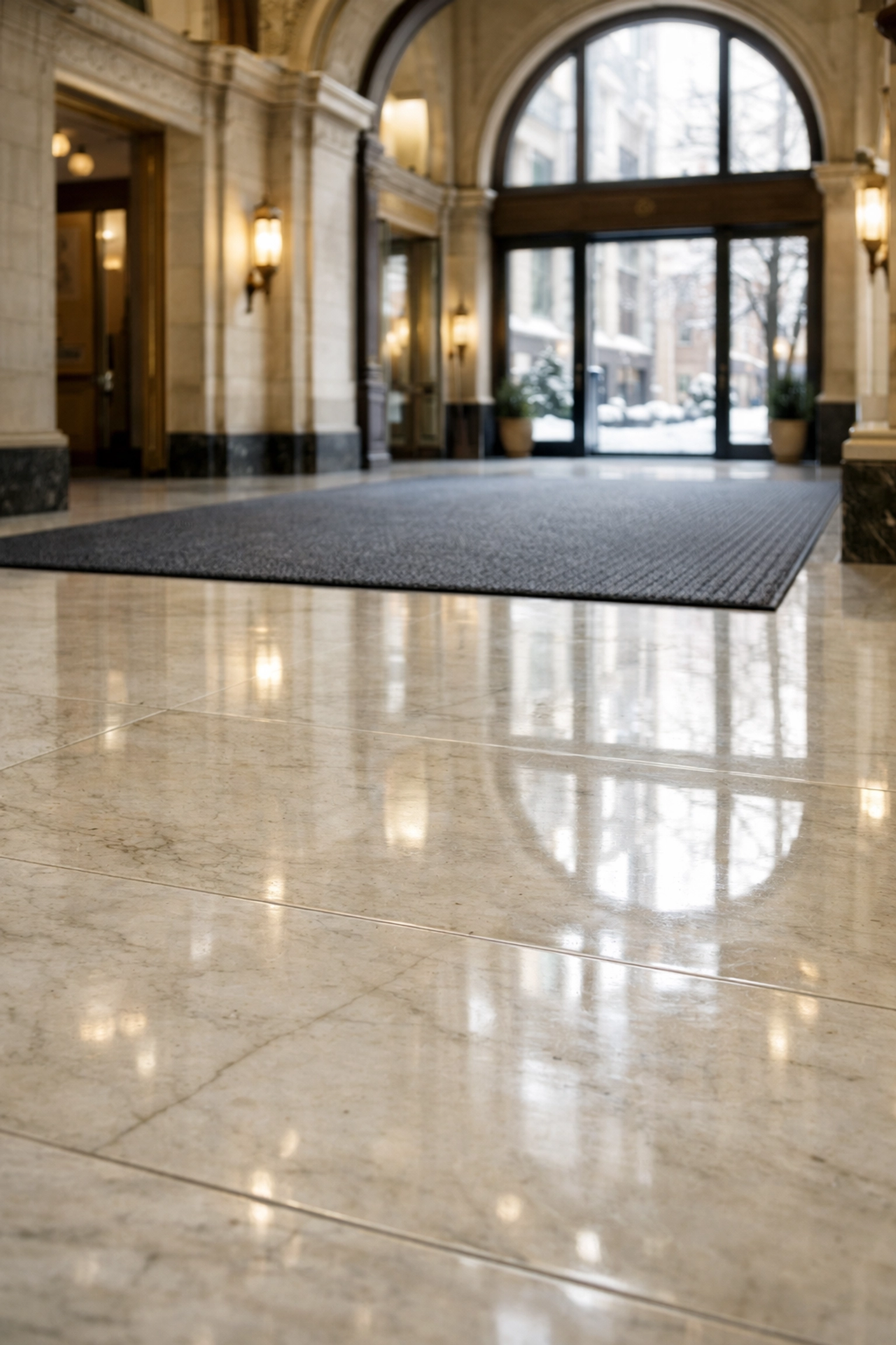 Pristine marble floor in a historic Chicago commercial lobby showing high-quality janitorial care.