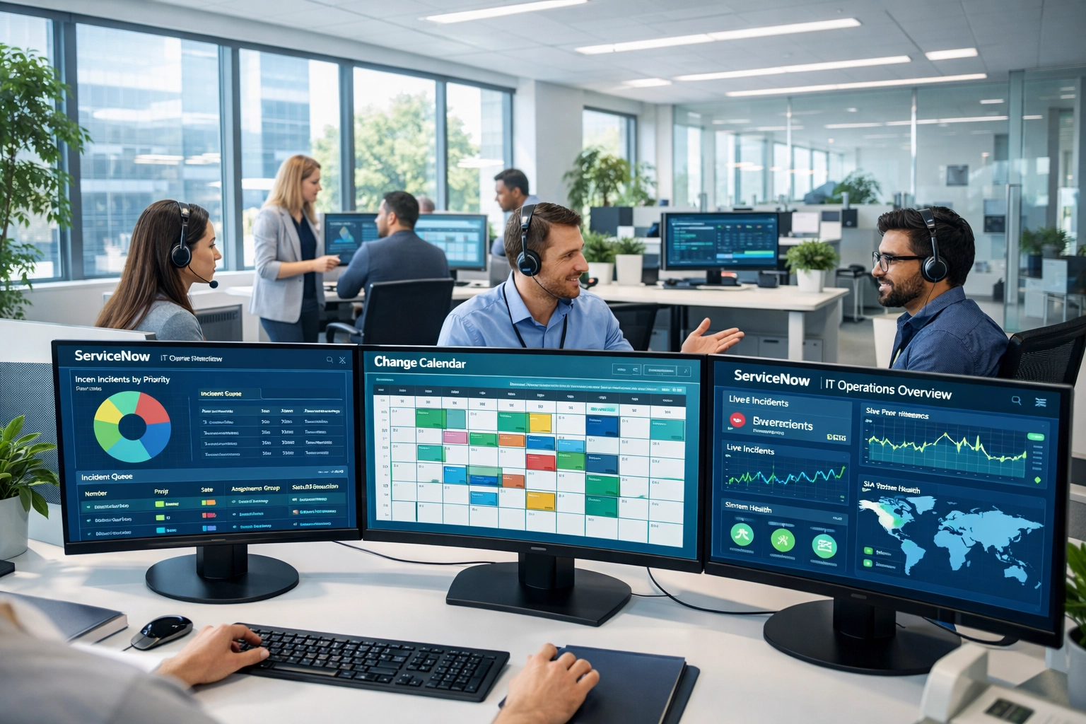 IT operations center displaying ServiceNow ITSM dashboards with incident and change management