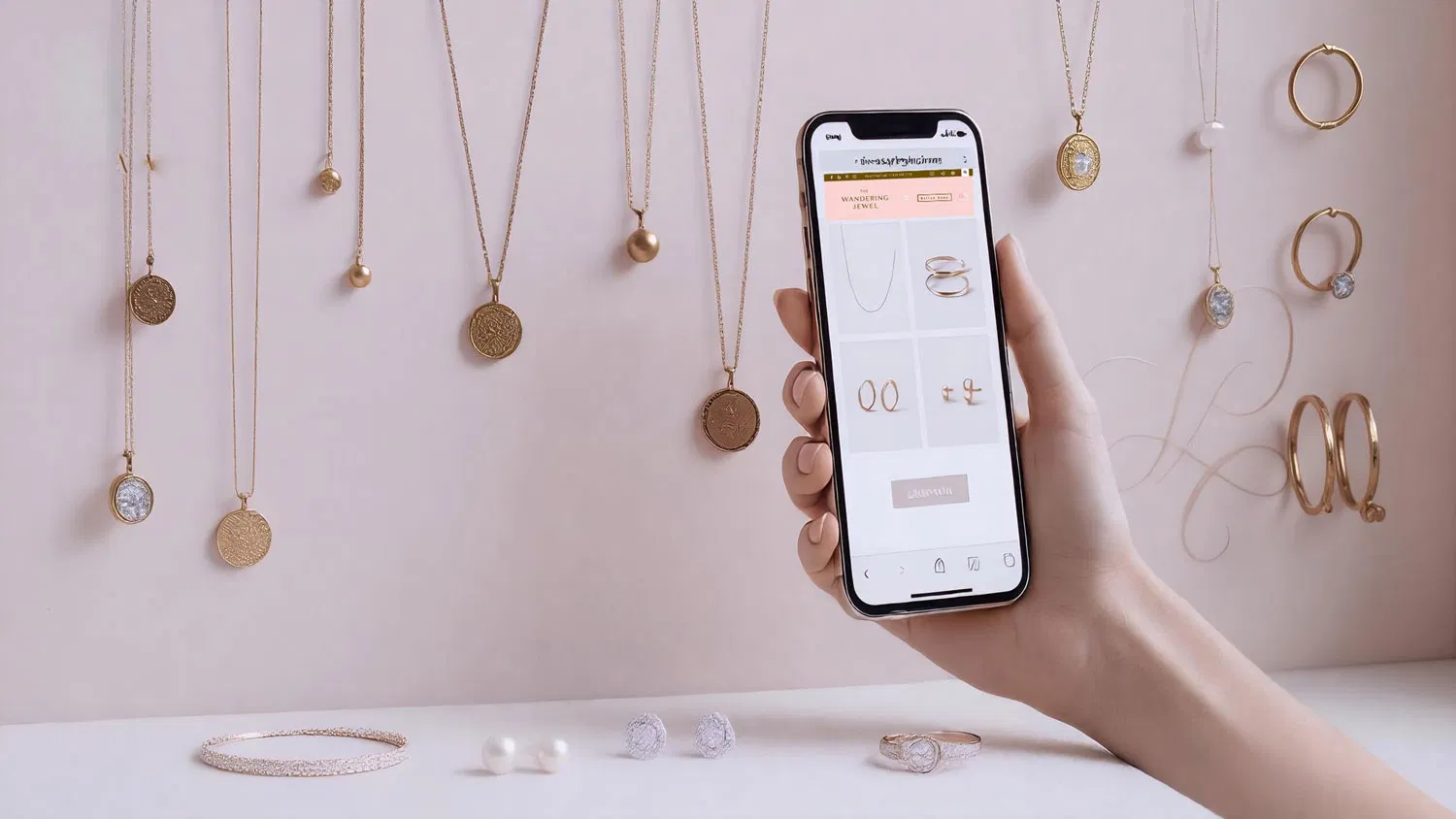 The Wandering Jewel shop page displayed on a phone, surrounded by elegant gold jewelry.
