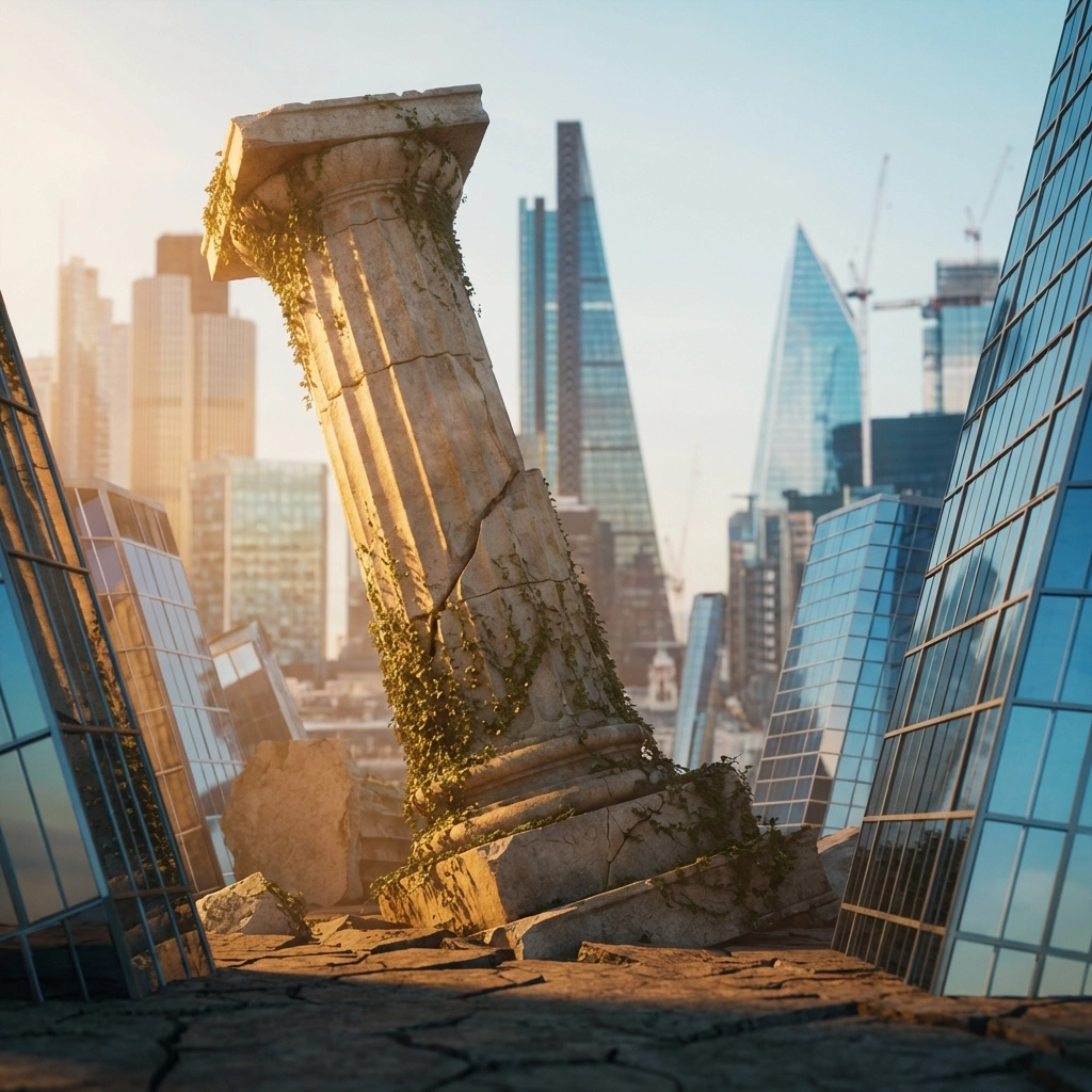 Modern skyscrapers rising over a crumbling classical column, symbolizing the shift from traditional to diversified private equity portfolios.