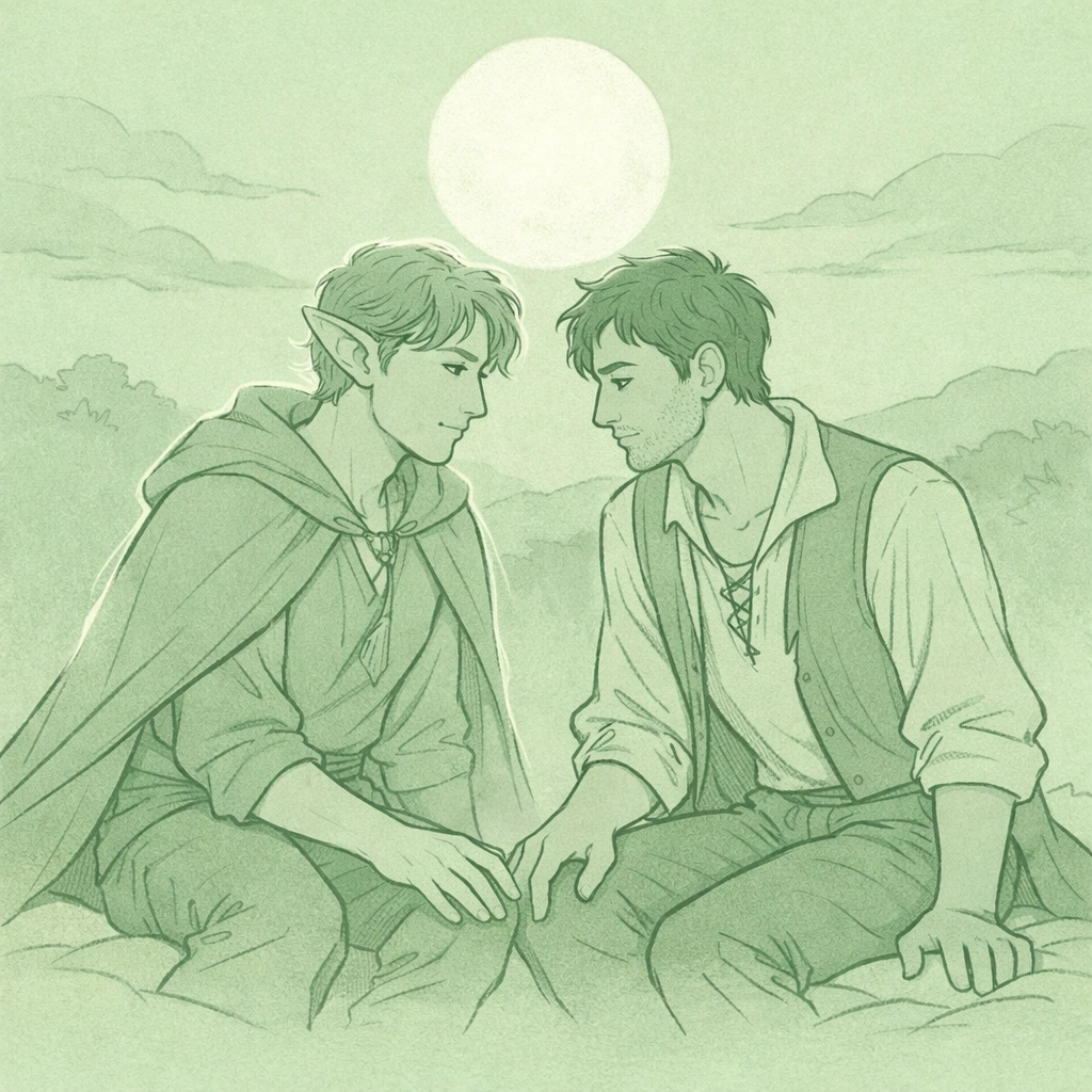 Gay fantasy romance couple in moonlit vulnerable moment before first intimate contact