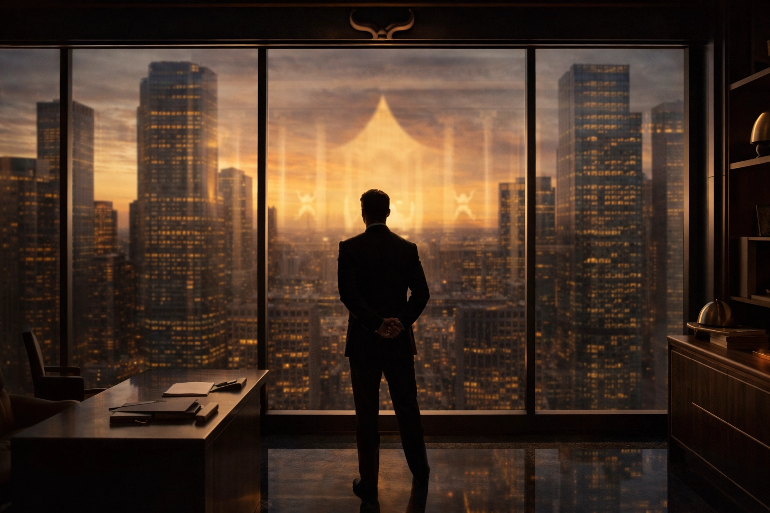 Professional silhouette in a penthouse office illustrating private estate planning services.