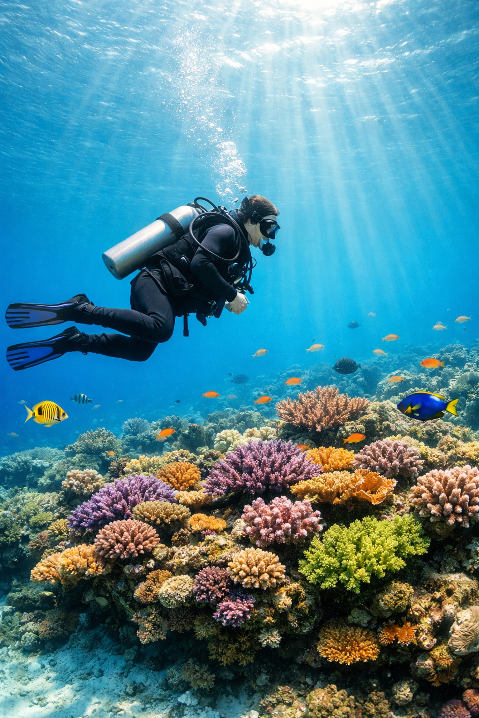 Scuba diver demonstrating proper buoyancy control above healthy coral reef without touching