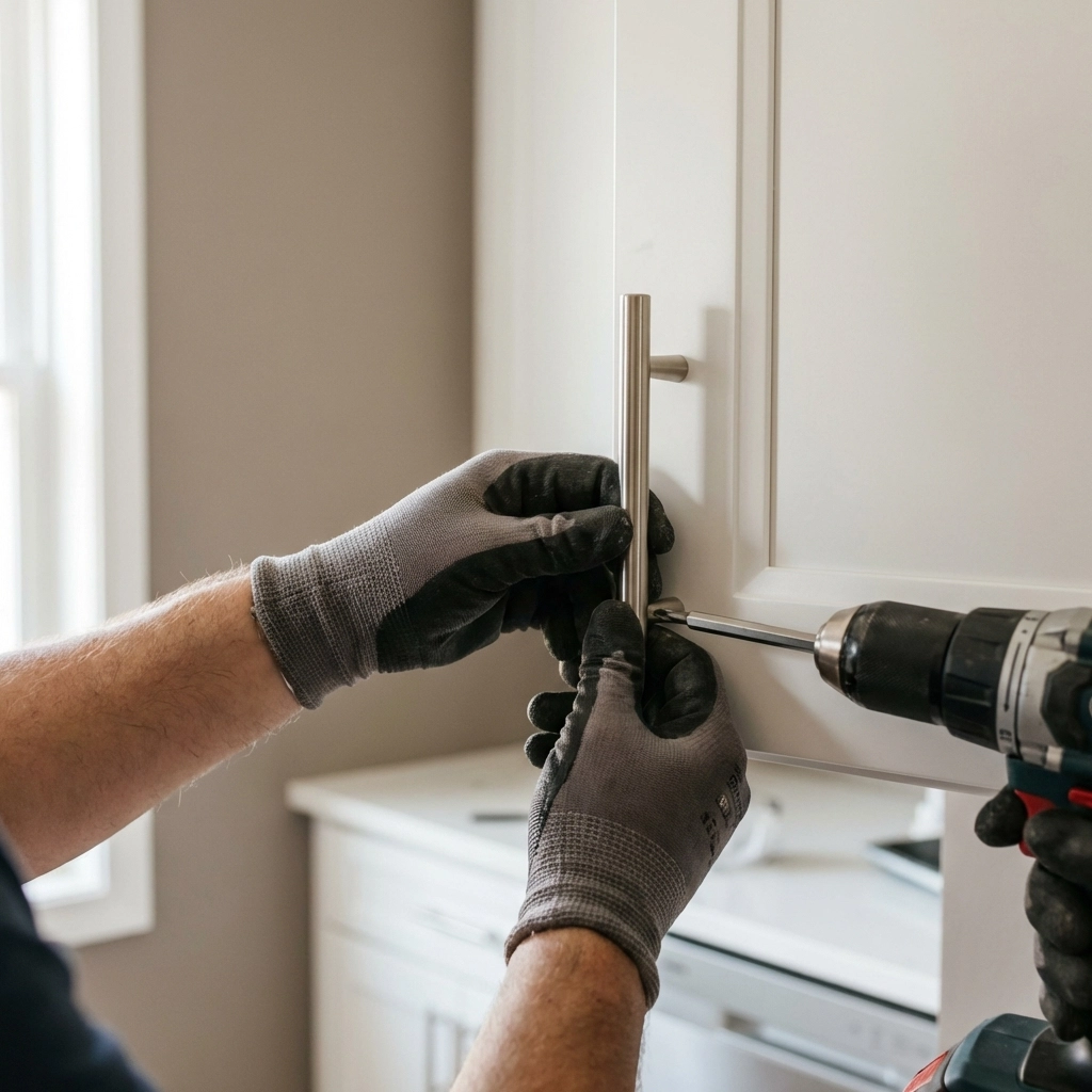 Close-up of new cabinet hardware being installed on white cabinetry, showing simple home upgrades for selling.