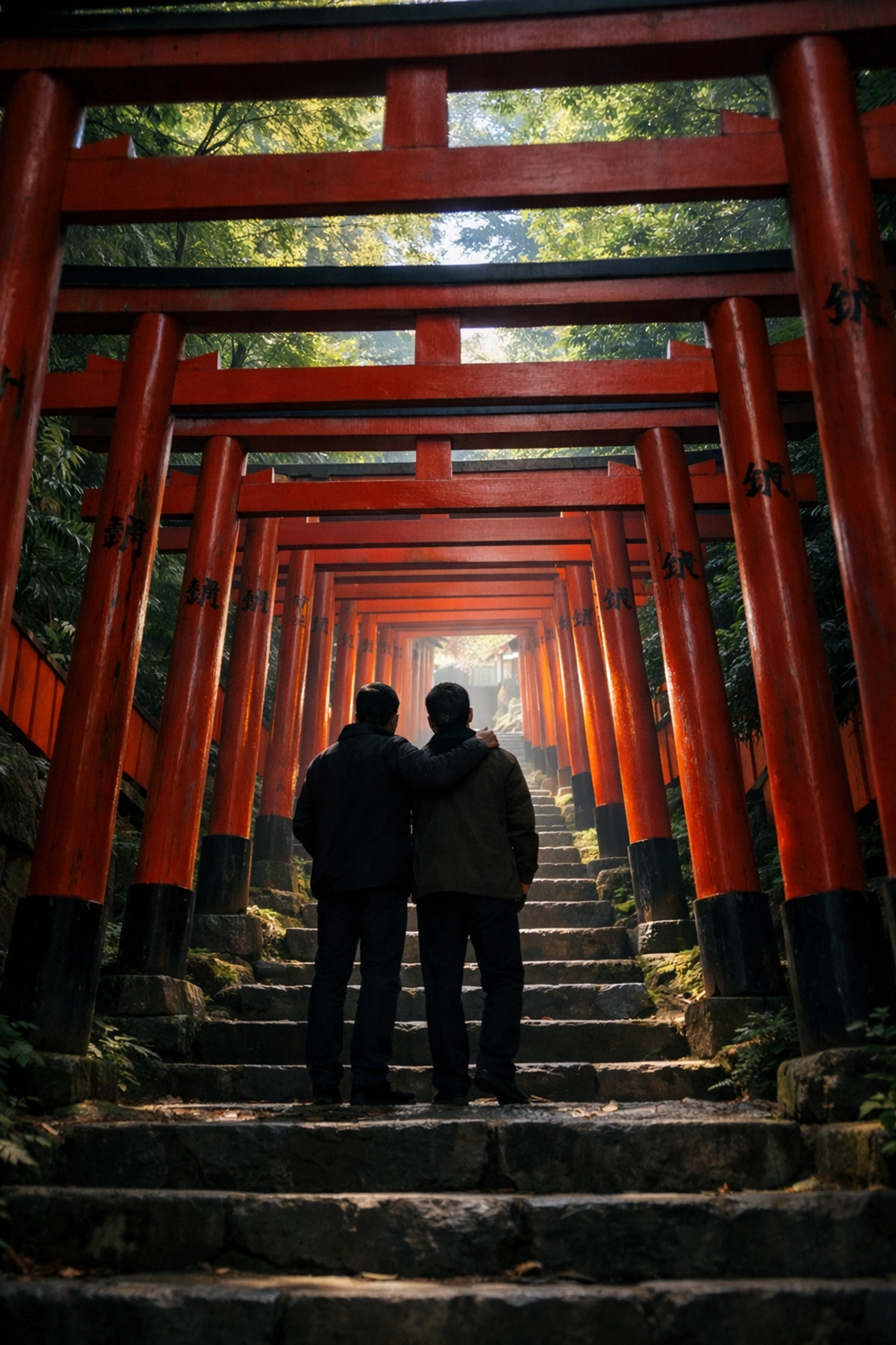 Gay couple embraces in vermillion torii gate tunnel at Japanese shrine