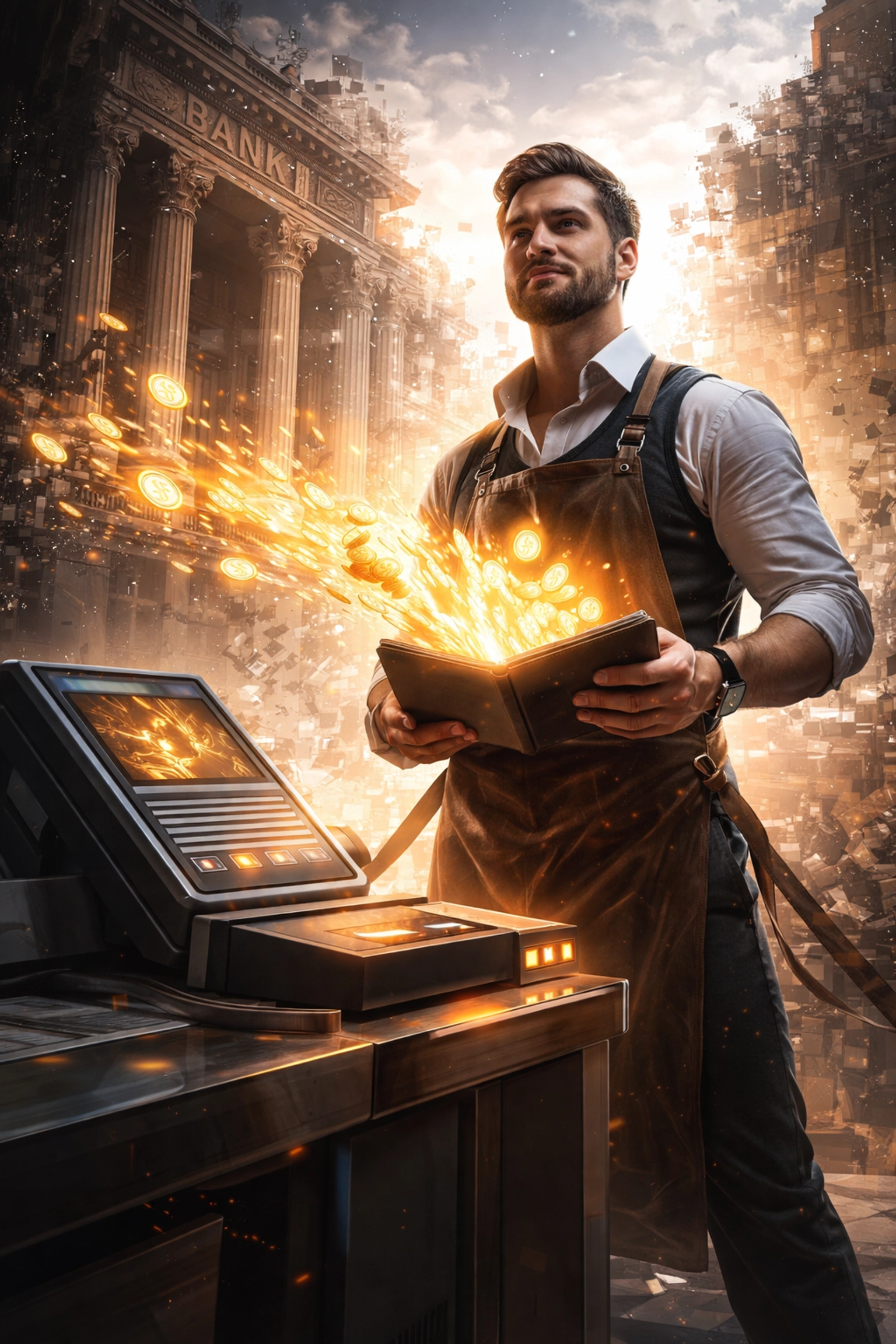 Empowered merchant receives crypto payments at futuristic terminal, symbolizing financial sovereignty