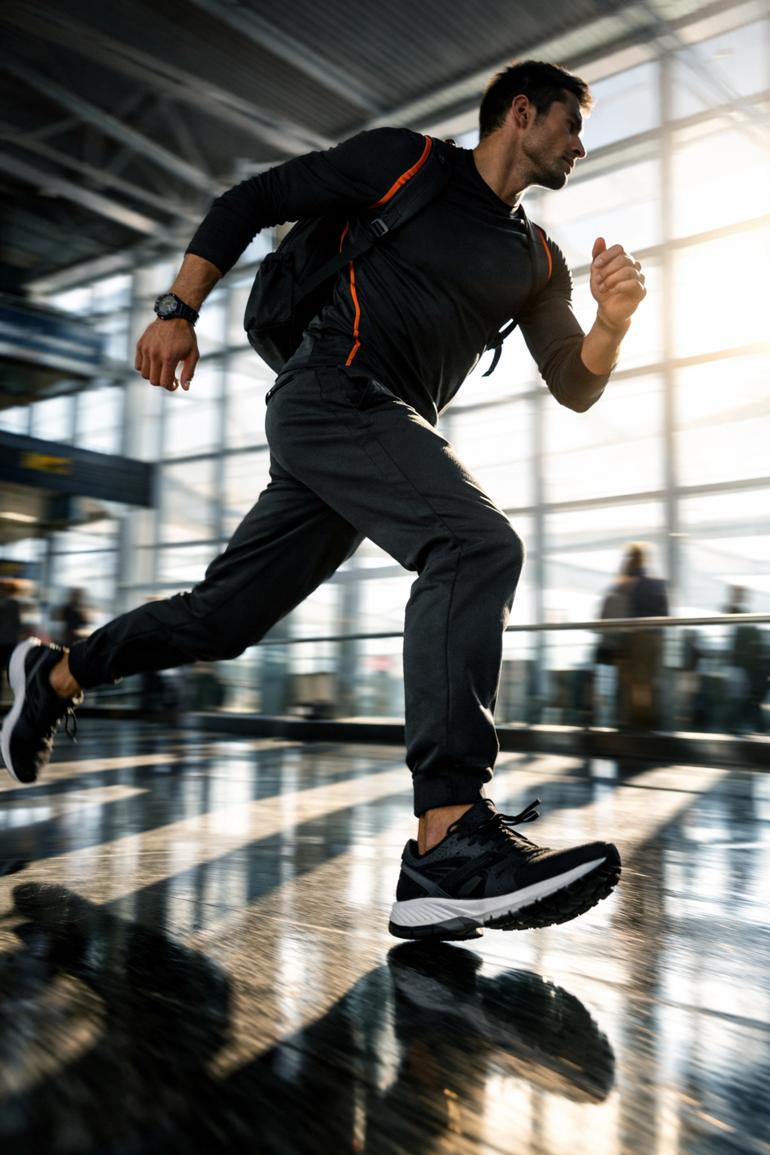Runner in stylish travel apparel walking through airport terminal heading to marathon