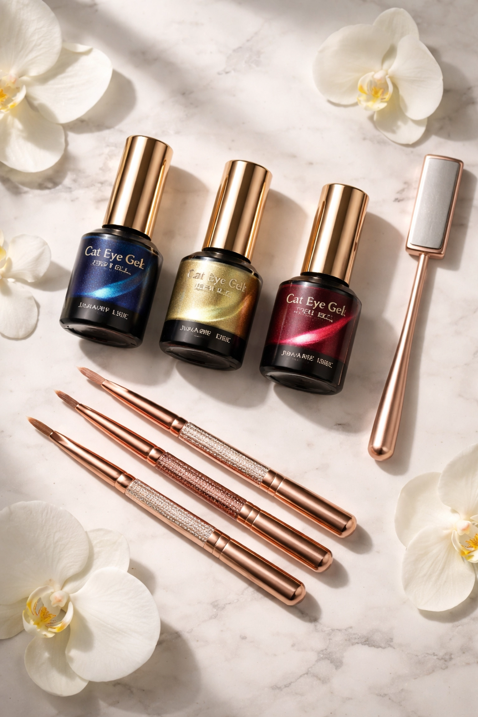 Flat-lay of premium Japanese cat-eye gel nail polishes and tools, highlighting luxury manicure products near Norwood MA.