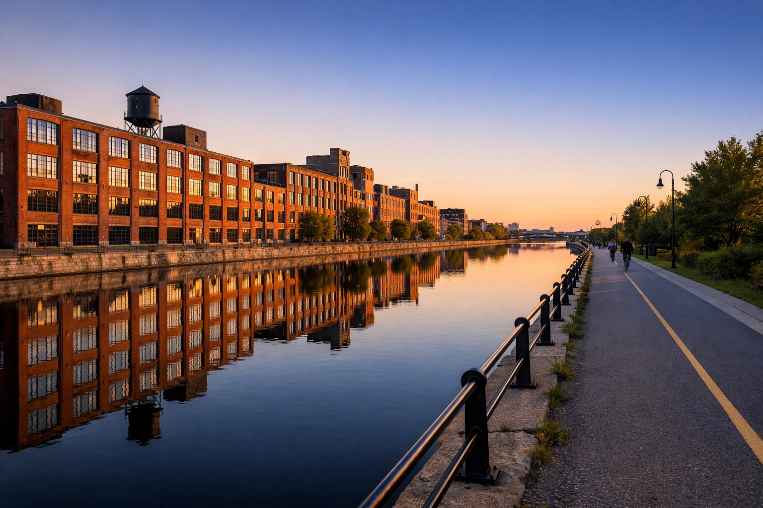 Historic warehouses and a scenic bike path along the Lachine Canal in Montreal at sunset.
