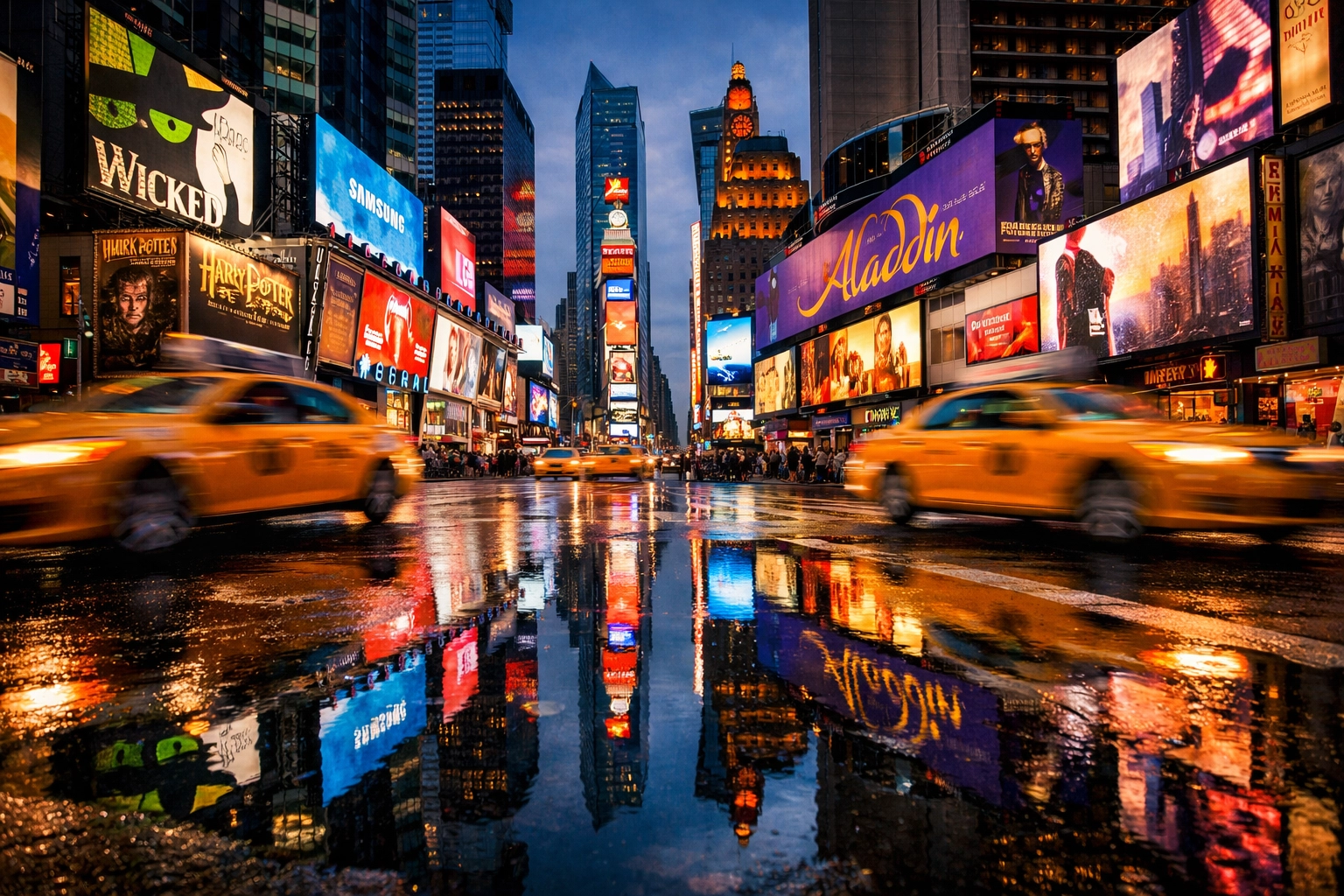 Vibrant Times Square neon reflections at dusk, among the most iconic NYC photo spots for urban travelers.
