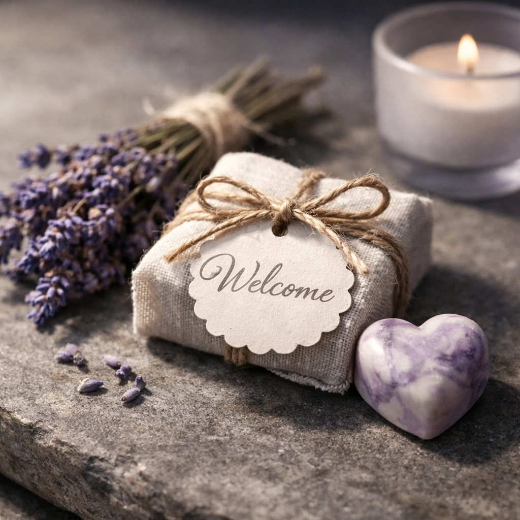 Artisanal guest welcome gift on a stone surface representing personalized hospitality.