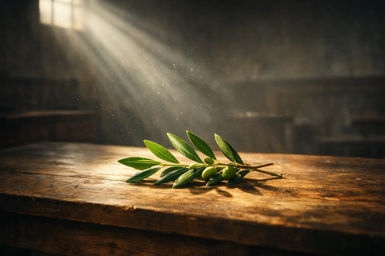 An olive branch on a desk symbolizing Pope Leo XIV's moral call for peace and a ceasefire in Iran.