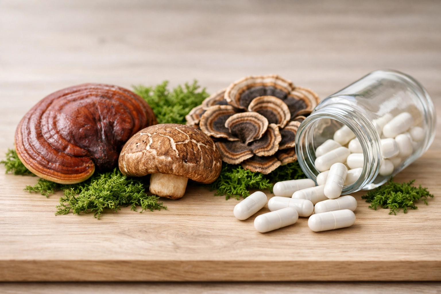 Medicinal mushrooms including reishi and shiitake with natural supplement capsules