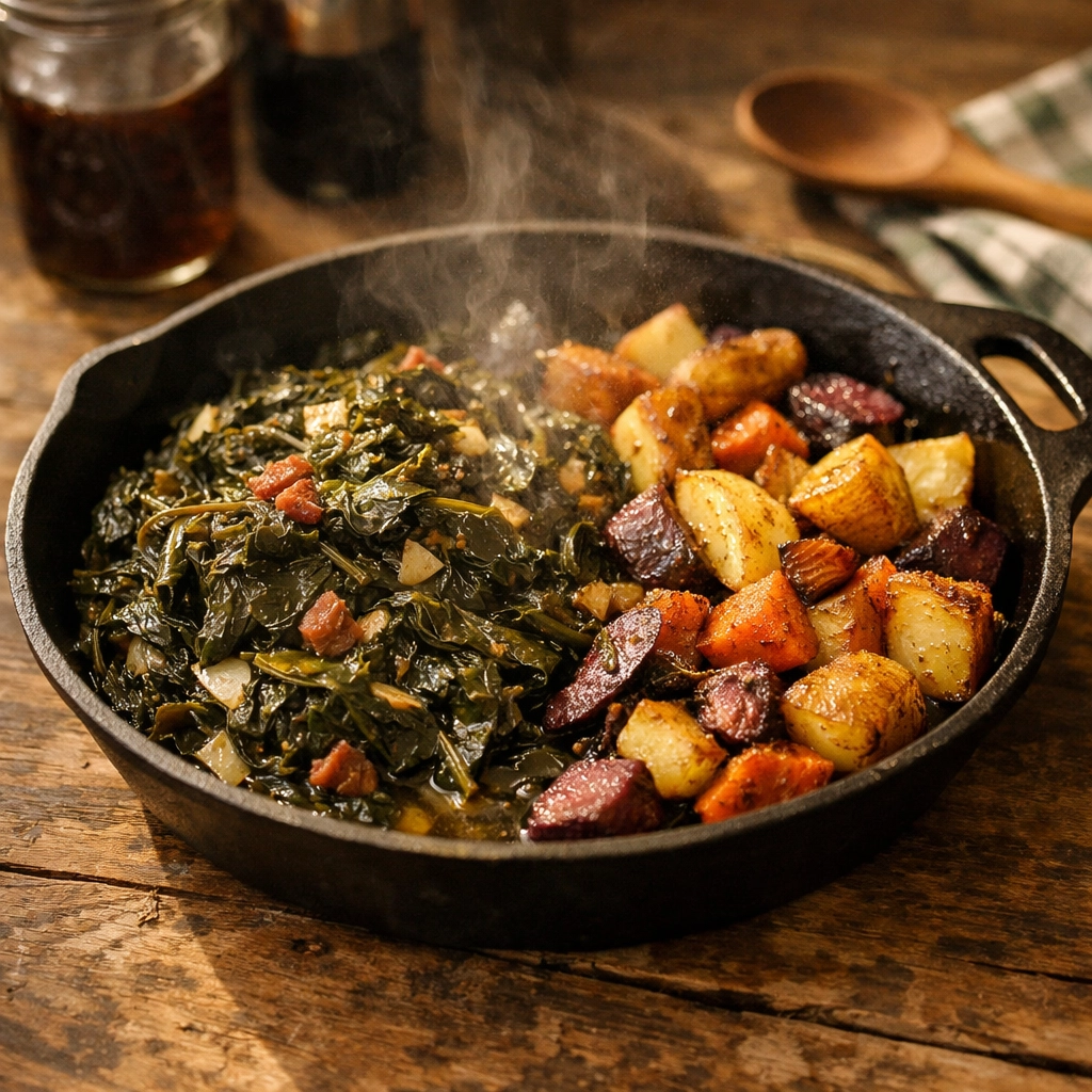 Southern-style braised collard greens with roasted root vegetables in cast iron skillet