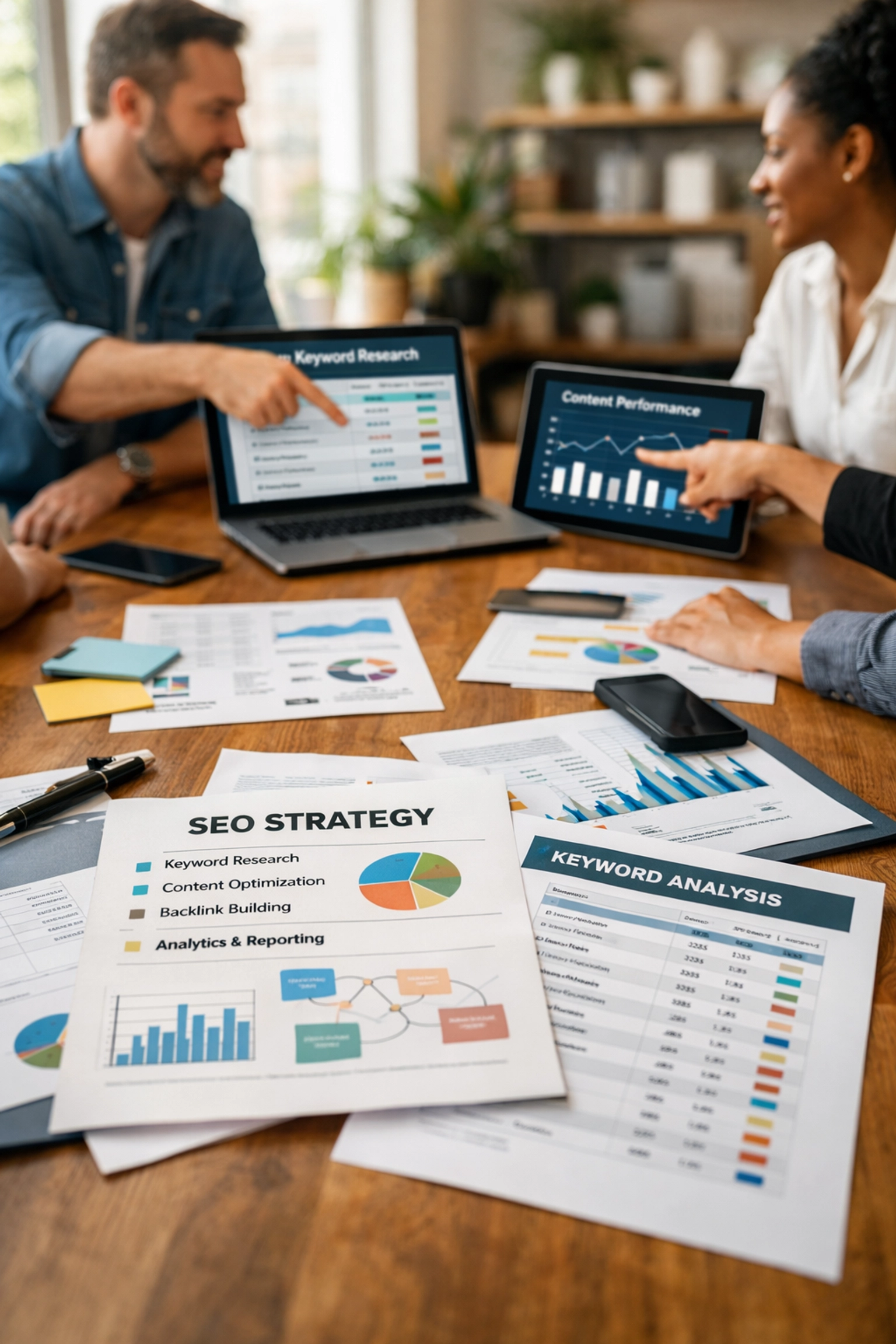 Équipe marketing collaborant sur stratégie SEO sémantique et analyse de mots-clés LSI