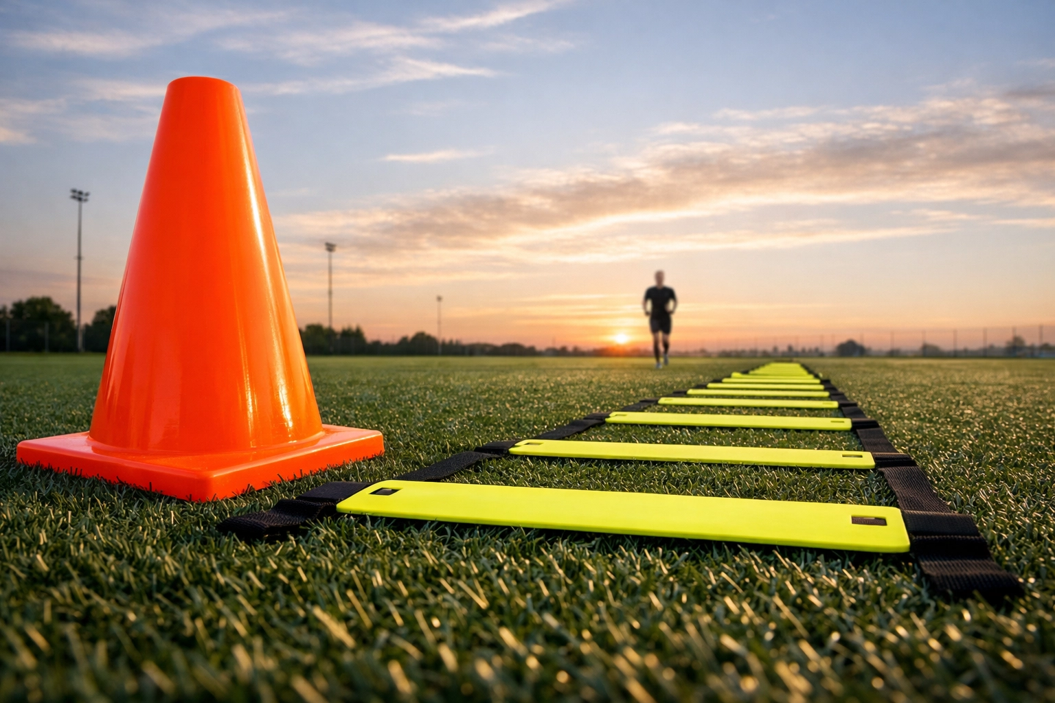 Brightly colored agility ladder and training cone on turf, highlighting essential team training equipment.