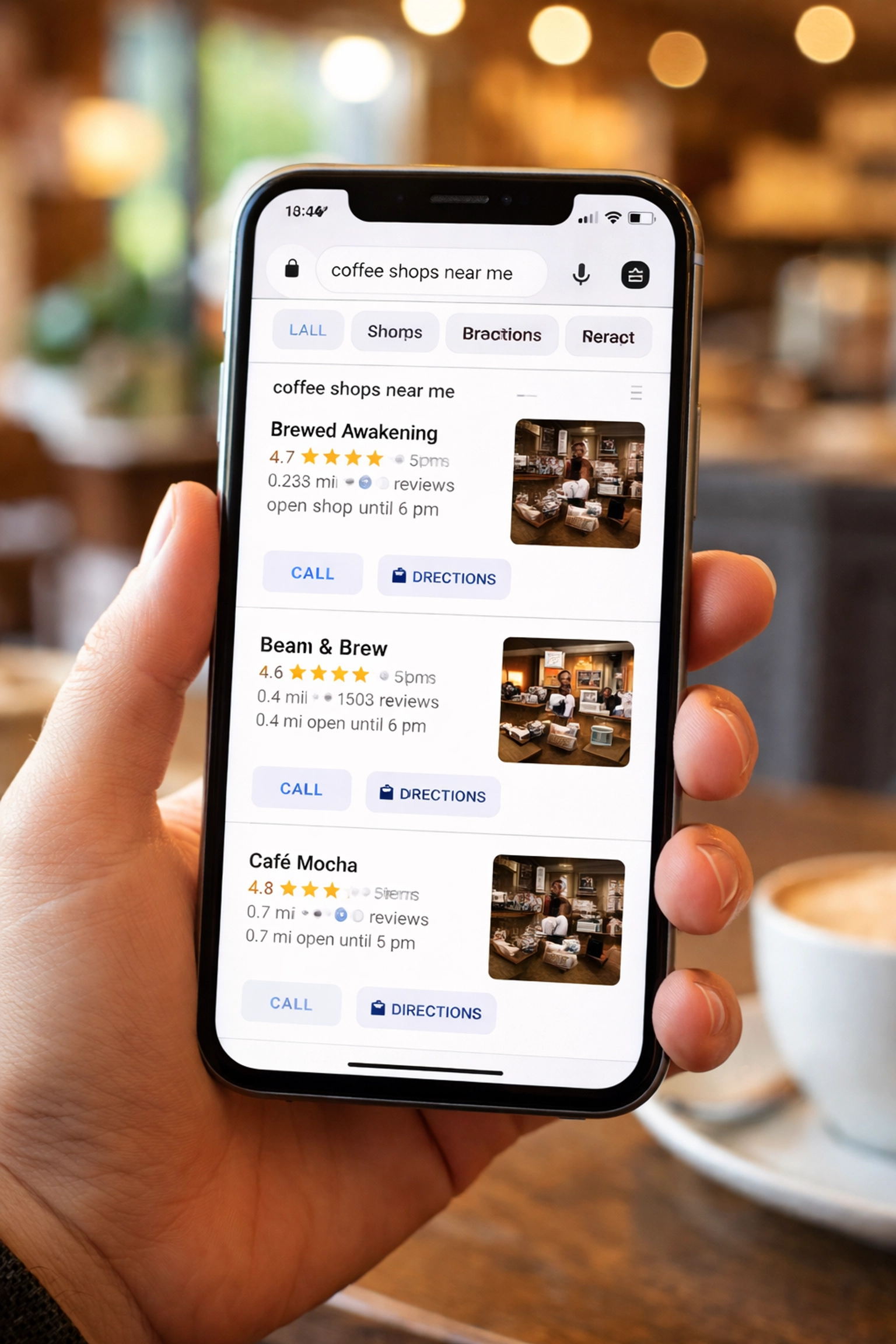 Person reviewing business ratings on Google Maps app in a coffee shop, deciding between local businesses based on reviews