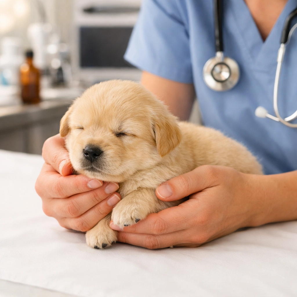 Veterinarian examining young Golden Retriever puppy for early genetic health testing