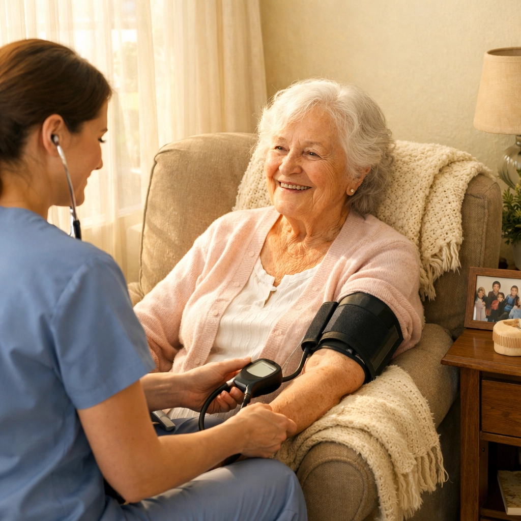 Professional caregiver providing home health care to senior woman in Sarasota
