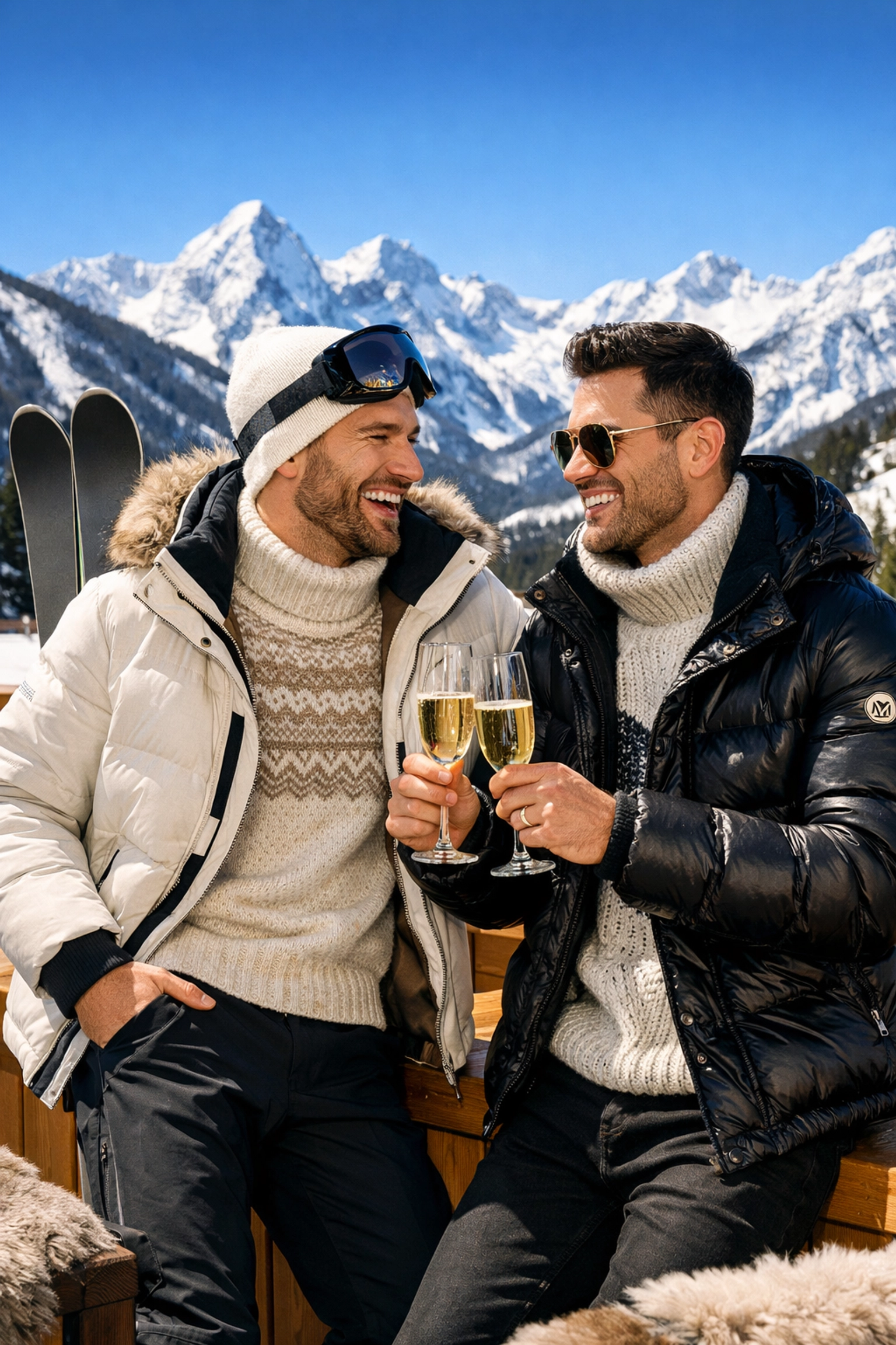 Two stylish gay men enjoying champagne on a luxury Aspen ski terrace overlooking the Rocky Mountains.