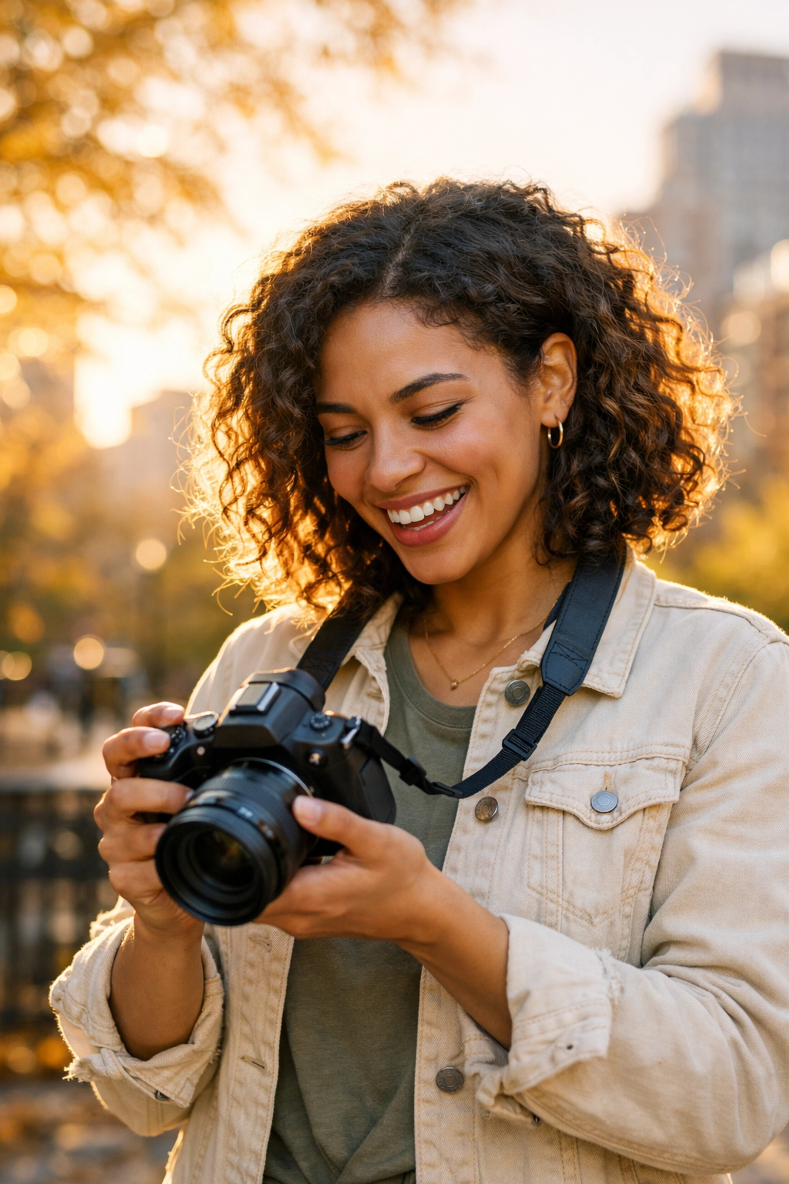 A beginner photographer holding a mirrorless camera in a park during golden hour, starting her creative journey.
