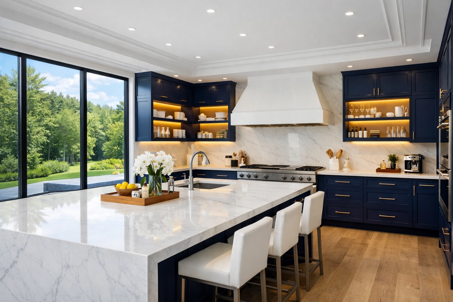 Spotless luxury kitchen in a Dover estate showcasing high-end residential cleaning Massachusetts.