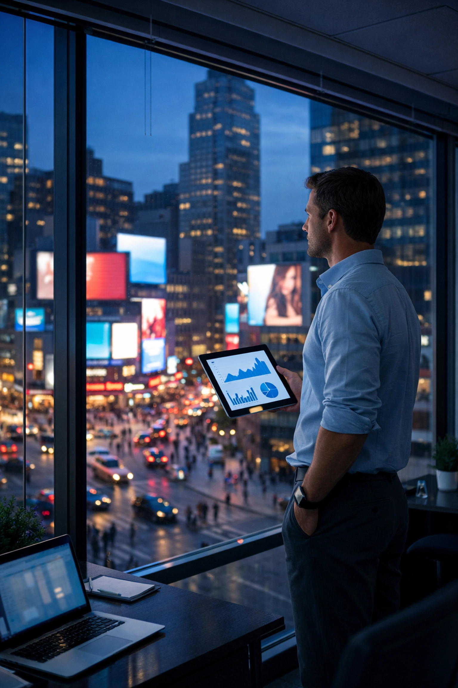 Marketing analyst reviewing DOOH campaign data analytics on a tablet with city digital billboards in the background.