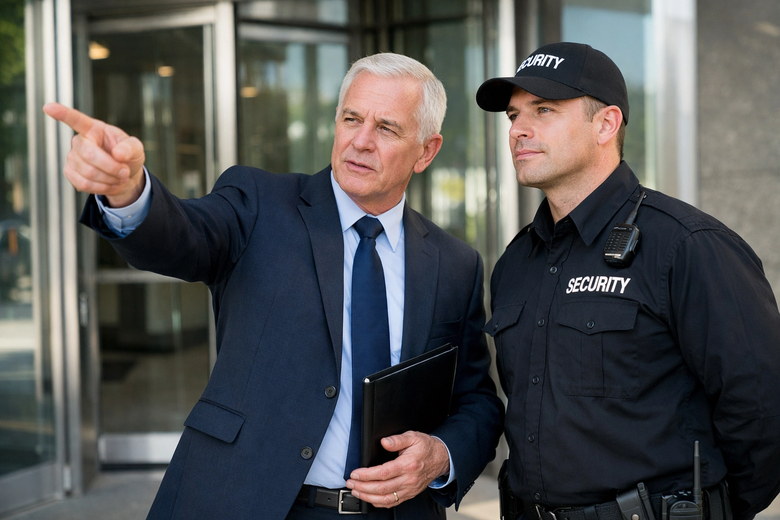 KGFM supervisor conducting a personal supervision audit with an SIA security guard on-site.