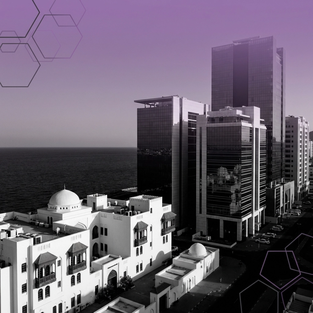 Aerial view of Muscat's skyline showing Oman's blend of modern architecture and traditional buildings in the context of AI transformation.