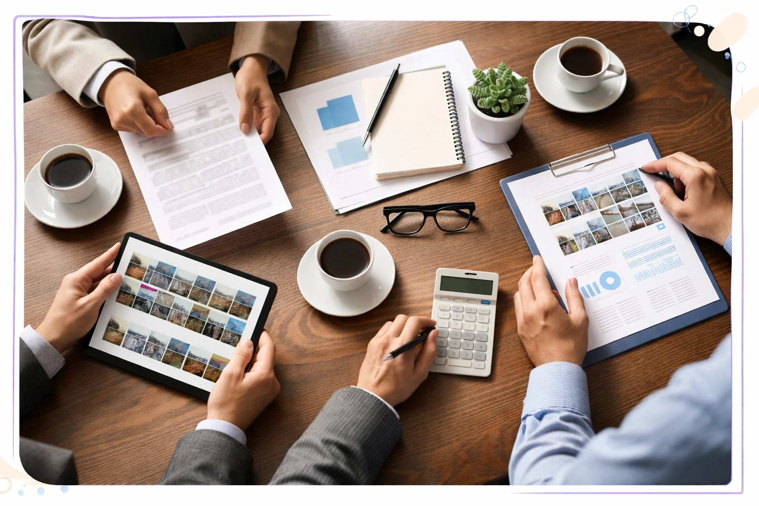 Overhead view of professionals collaborating on selling an inherited house in Los Angeles with documents and devices. Overhead view of professionals collaborating on selling an inherited house in Los Angeles with documents and devices.