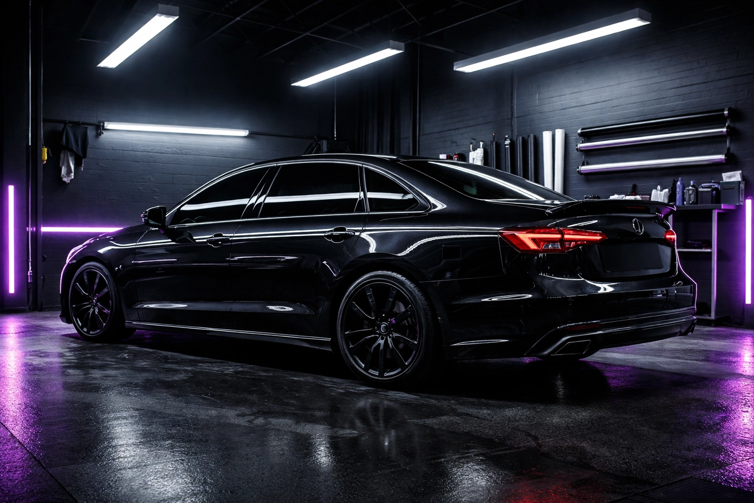 Sleek black sedan in auto shop with expert window tint application, demonstrating high-quality vehicle detailing Clayton.