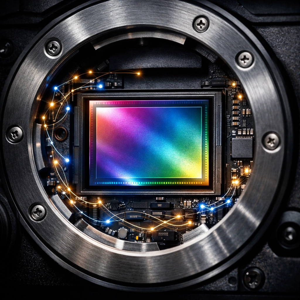 Macro view of an AI-integrated mirrorless camera sensor and advanced digital processing chip.