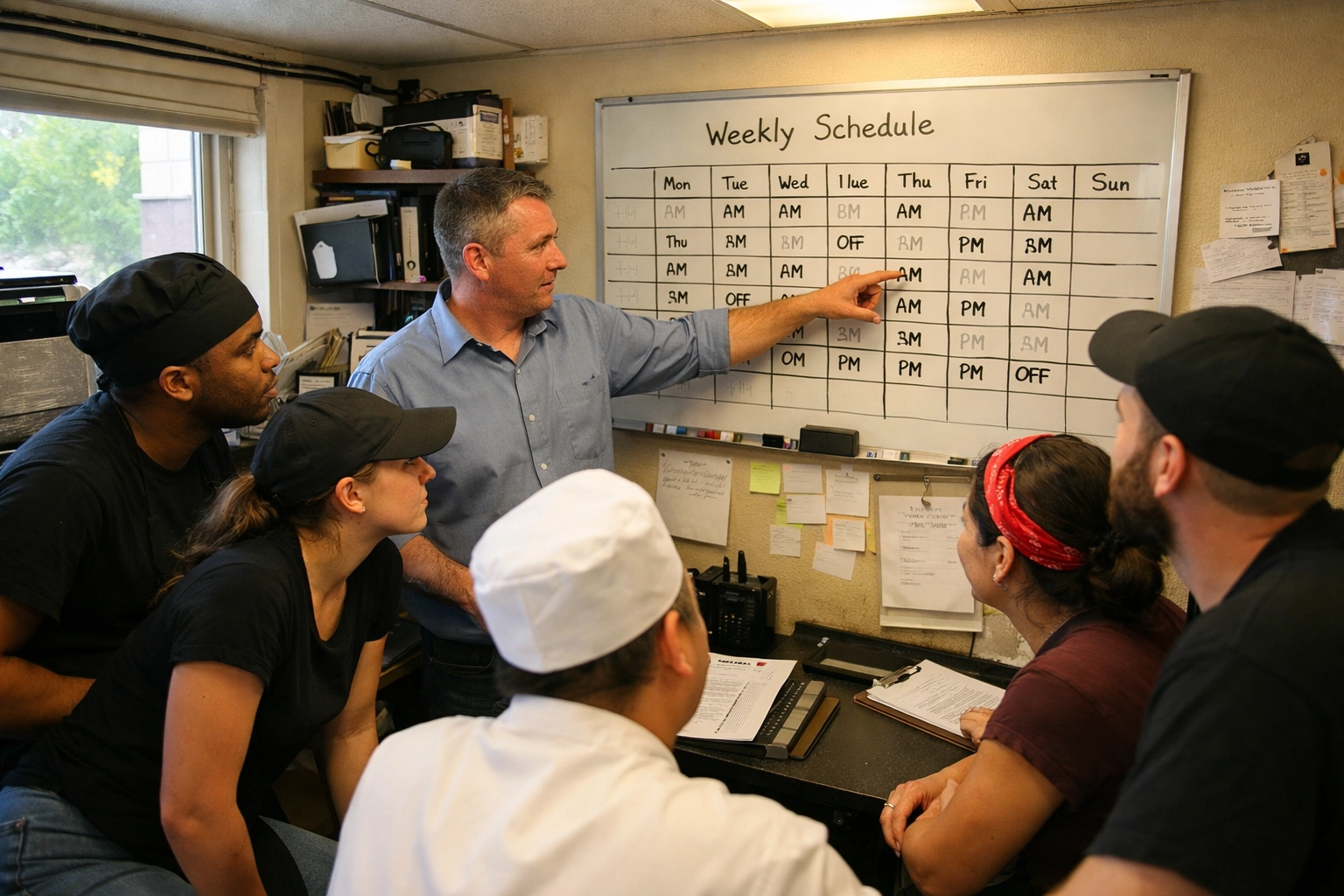 Restaurant team planning labor scheduling on whiteboard to control labor costs