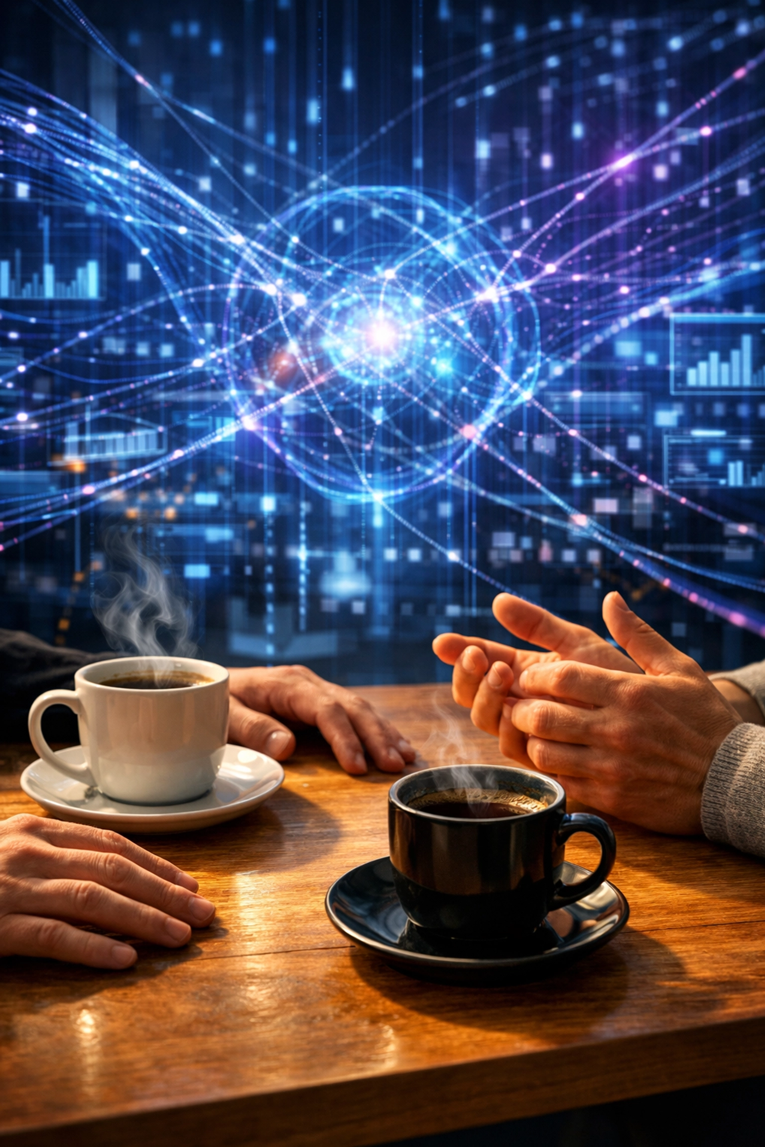 Two professionals having a meaningful conversation in a high-tech office, highlighting human intuition over AI data.