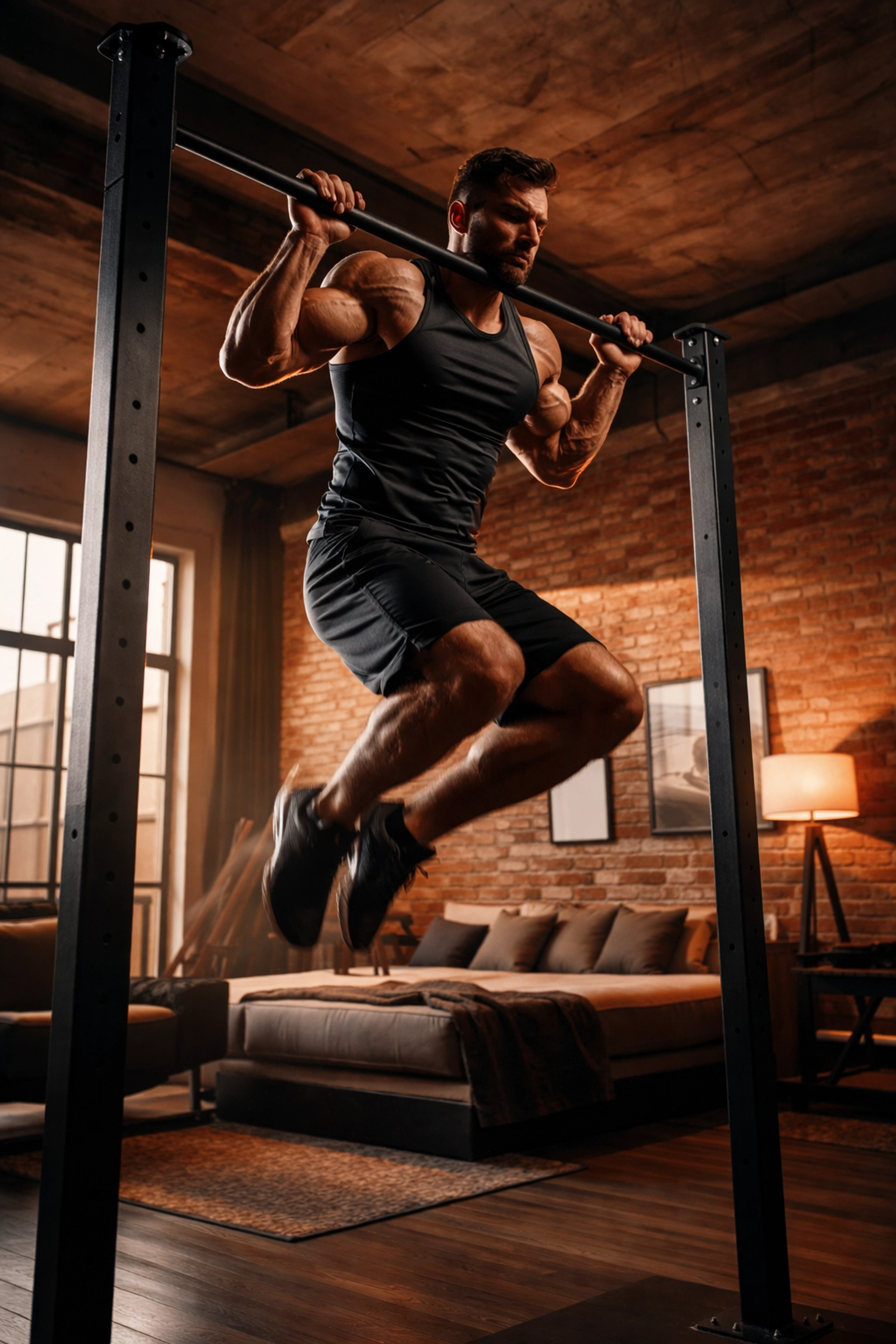 Athlete performing a muscle-up on a floor-to-ceiling rail in a loft, demonstrating versatile home gym setup for serious training