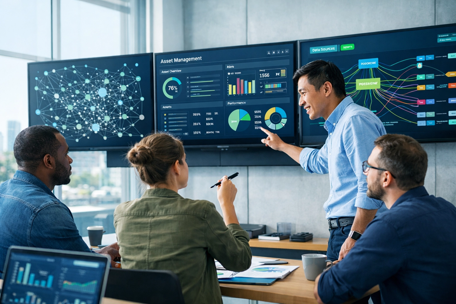 IT team analyzing ServiceNow ITOM and ITAM data dashboards in collaborative workspace