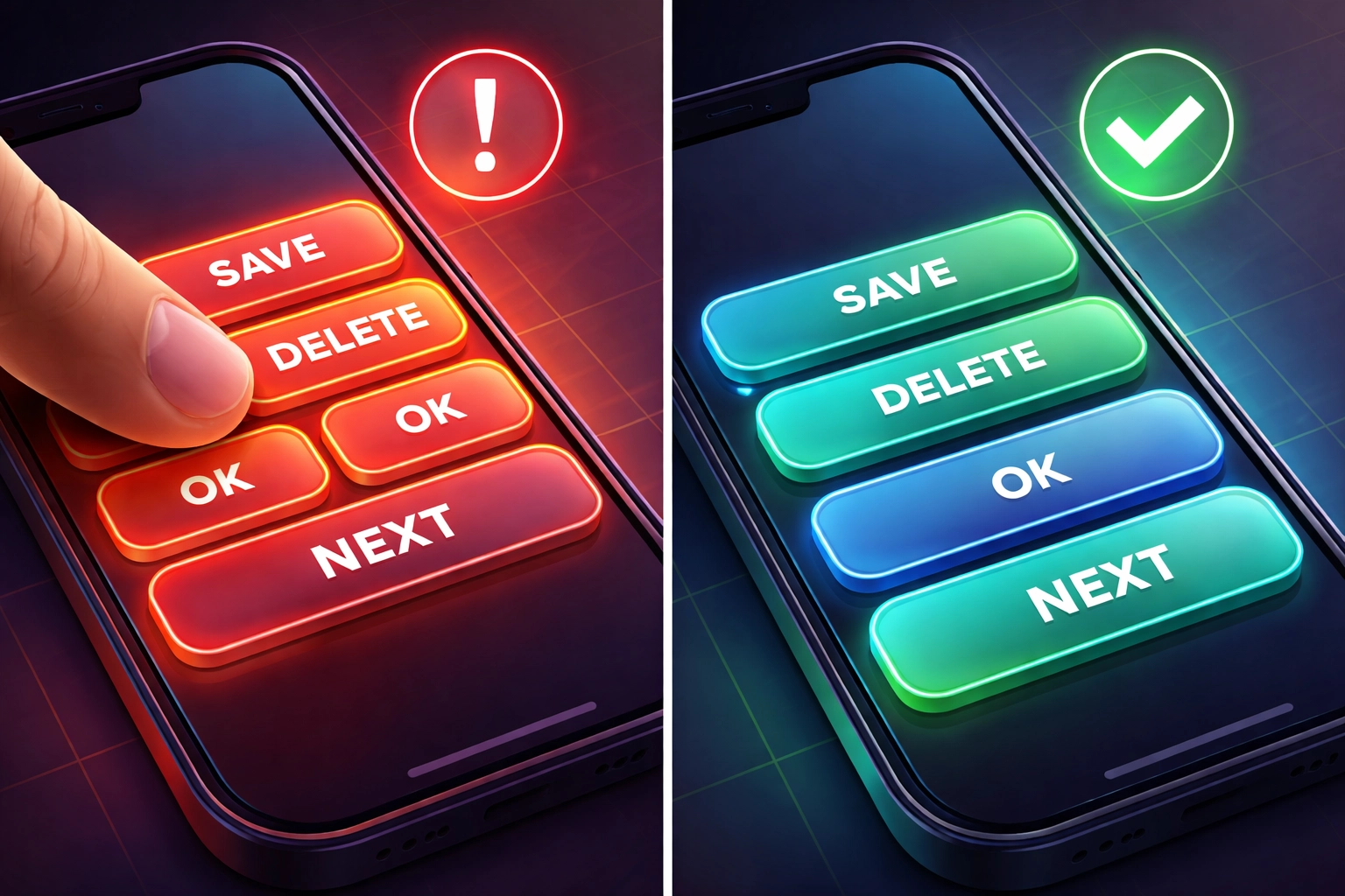 Smartphone screens showing overcrowded versus well-spaced buttons, addressing tap target spacing for mobile usability.