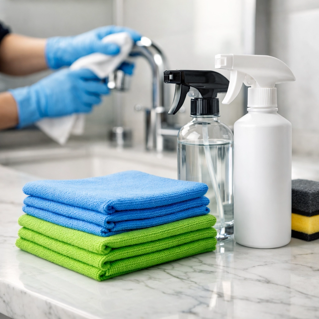 Professional house cleaning tools and color-coded microfiber cloths for a sanitized, healthcare-grade clean.