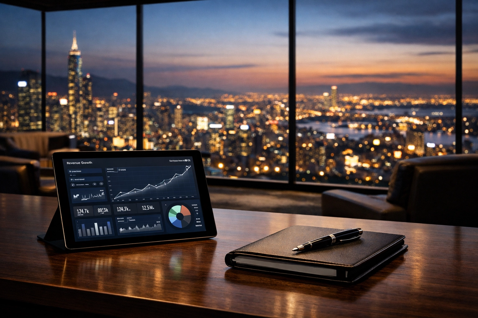 An executive lounge with a growth dashboard, representing strategic leadership and systems for experienced SaaS founders.
