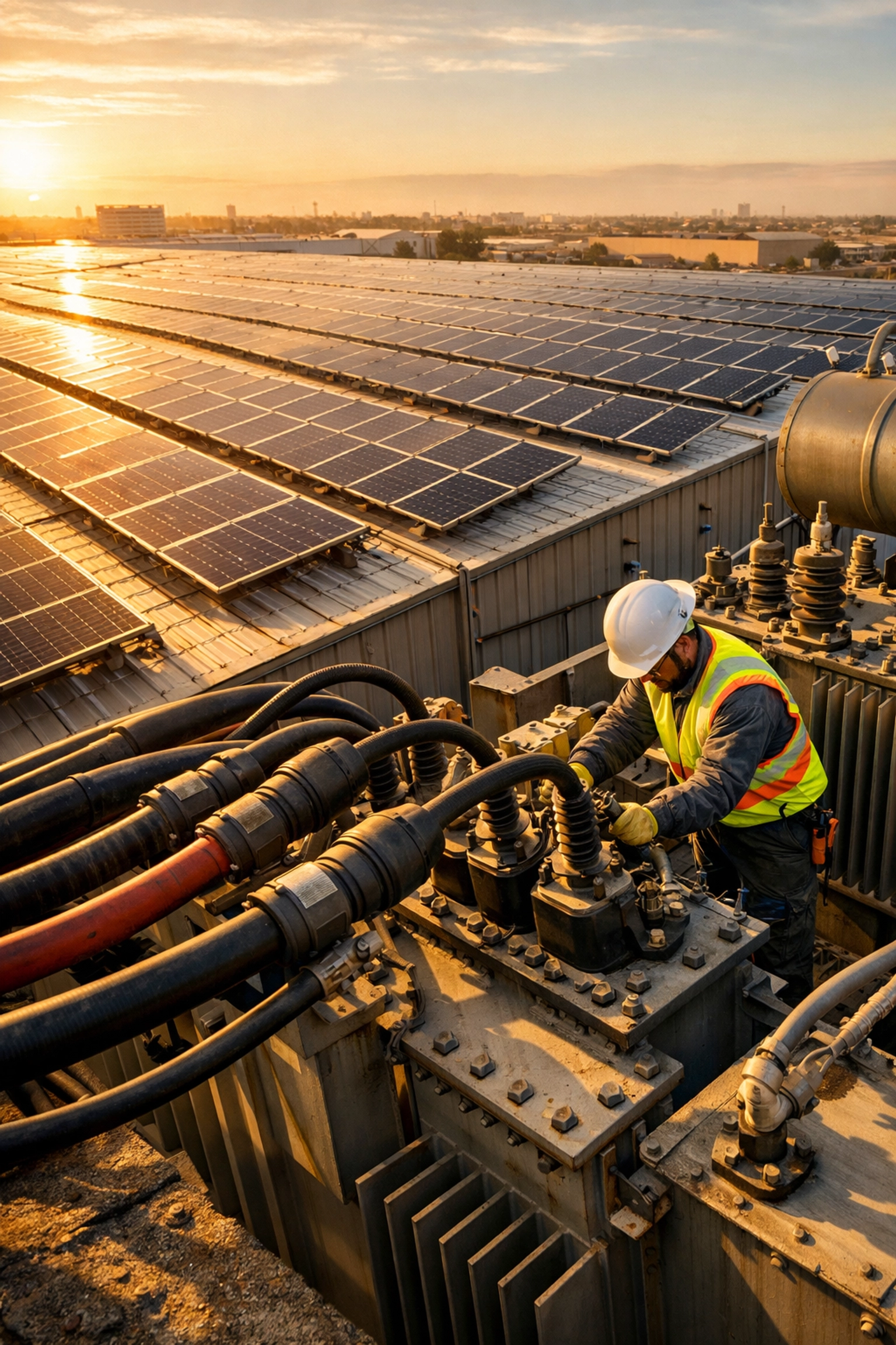 Commercial solar panels on warehouse roof with grid connection equipment and utility worker