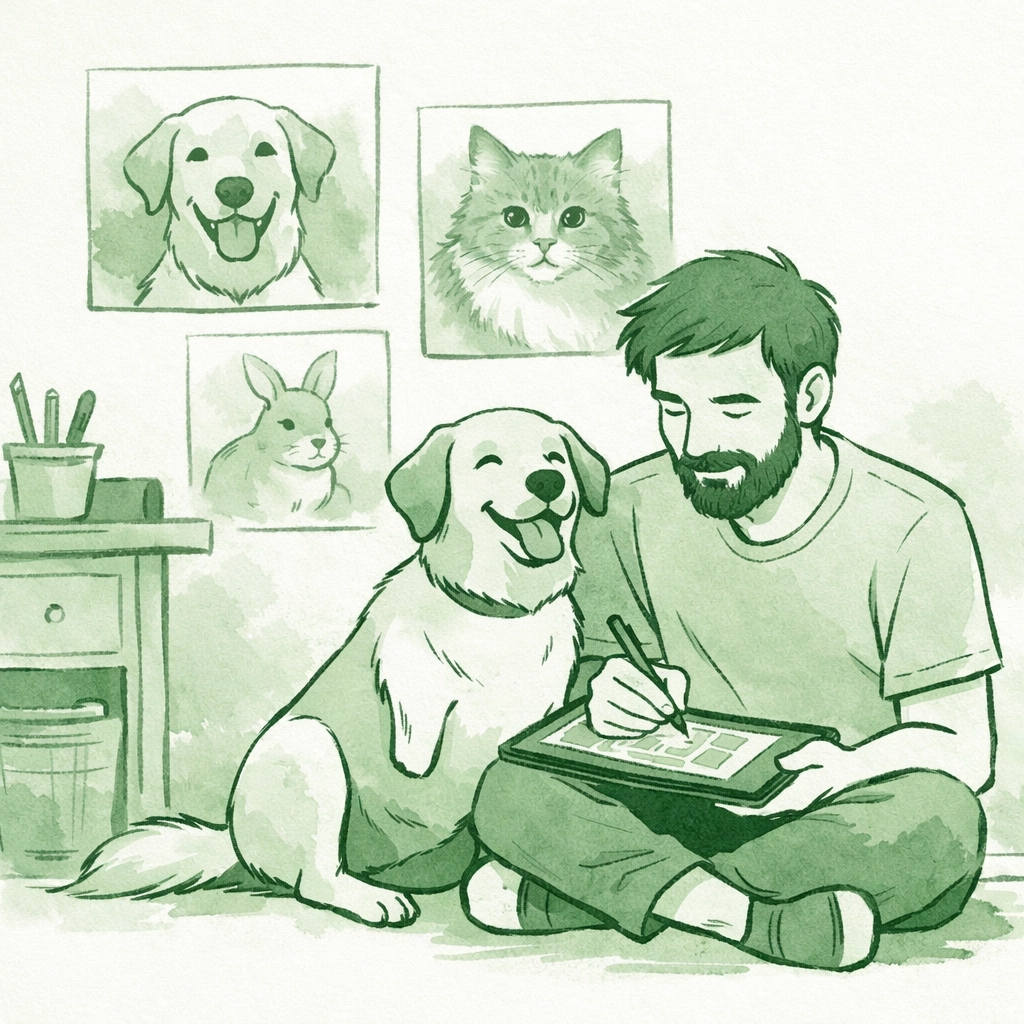 Bisexual artist creating digital portrait beside three-legged dog in home studio