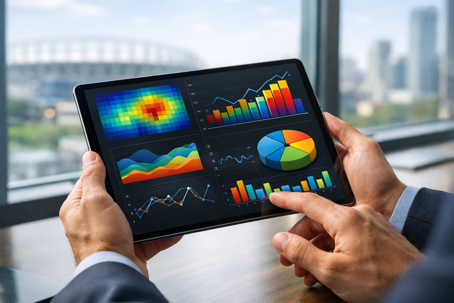 Marketing executive reviewing data analytics and sponsorship ROI metrics on a digital tablet.