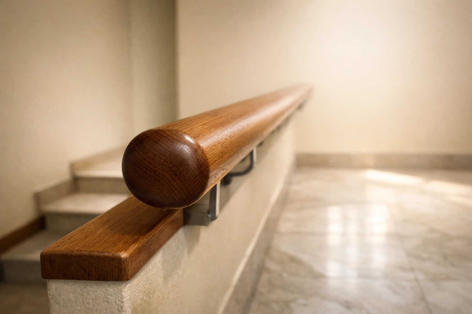 A wooden handrail extension providing continuous support past the bottom step of a staircase.
